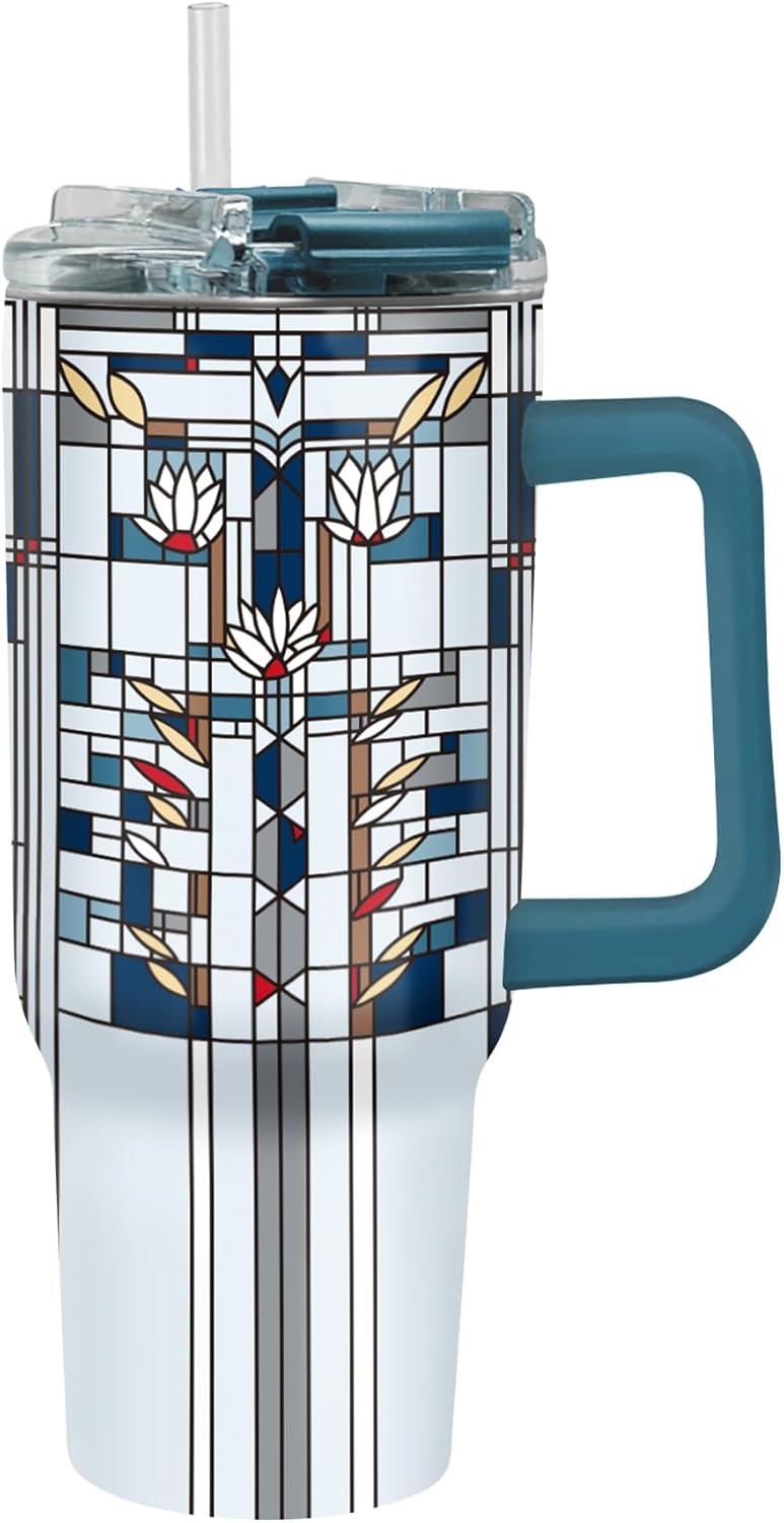 RainCaper 18/8 Stainless Steel Insulated Water Tumbler with Straw | 30oz, BPA-Free, Double Wall for Hot & Cold | Travel-Friendly, Cup Holder Ready (Frank Lloyd Wright Waterlilies)