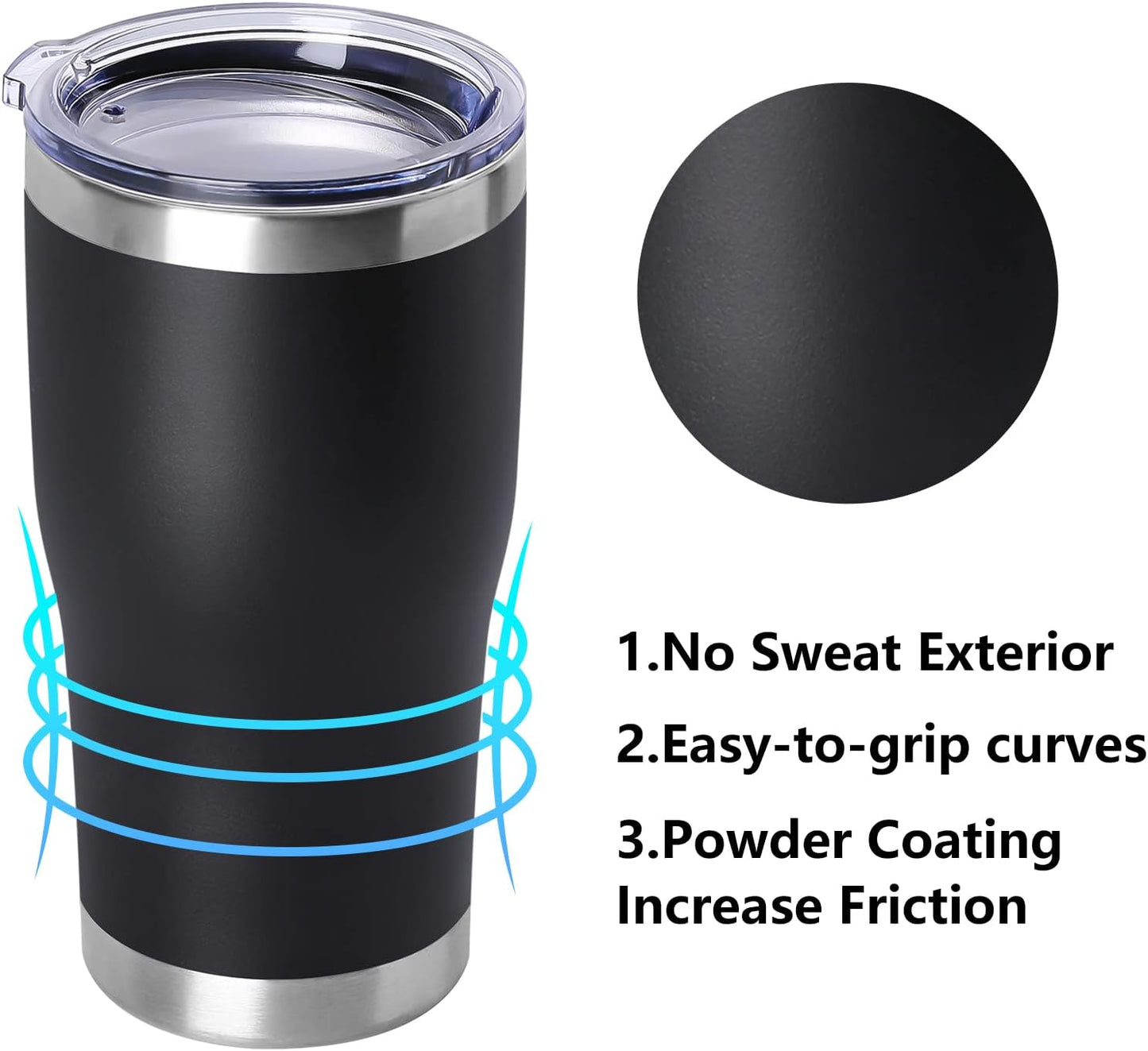 DOMICARE 20oz Tumbler with Lid Stainless Steel Tumblers Bulk, Double Wall Vacuum Insulated Coffee Travel Mug Powder Coated Tumbler, Black