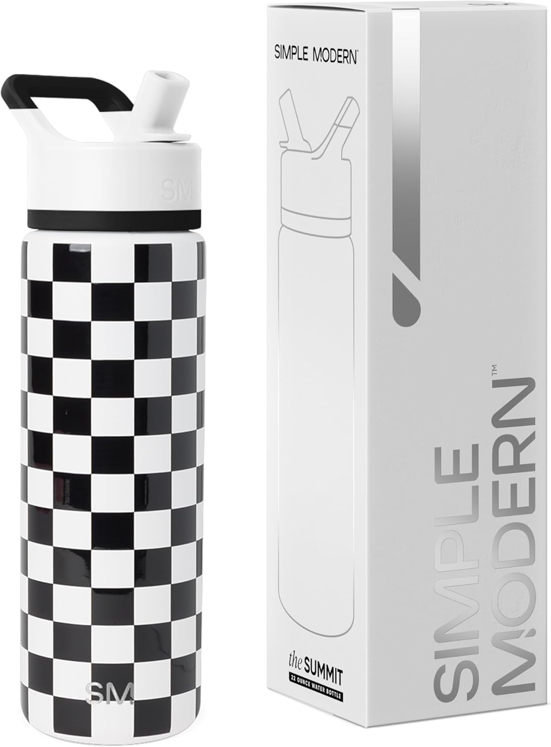 Simple Modern Water Bottle with Straw Lid | Vacuum Insulated Stainless Steel Metal | Reusable Leak Proof BPA-Free Cup for School | Summit Collection | 22oz, Black and White Checkmate