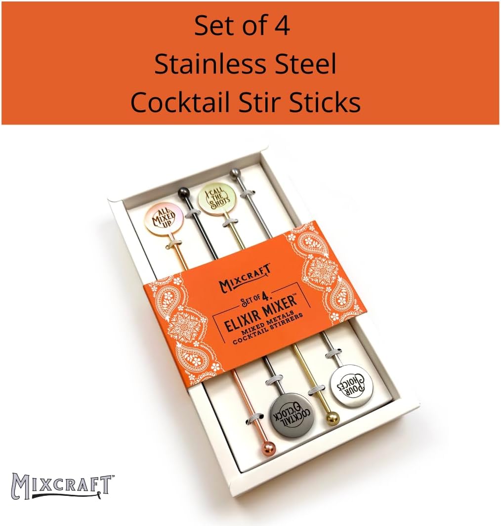 Elixir Mixer Cocktail Stirrers, Stainless Steel Drink Stirring Swizzle Sticks, Mixed Metals, Set of 4