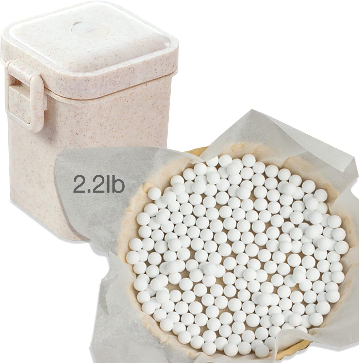 2.2Lb Ceramic Pie Weights Baking Beans Pie Crust Reusable 10mm Weights Natural Ceramic Stoneware with Wheat Straw Container (35 Oz Total) (White)