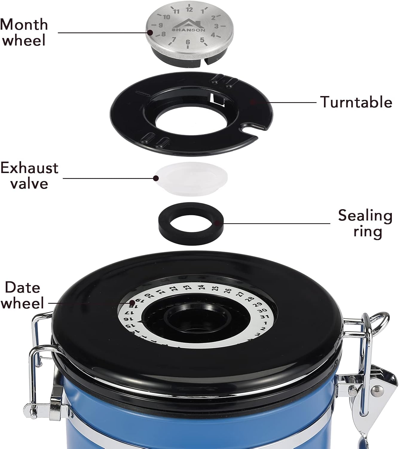 ShanSon Coffee Canister Airtight Coffee Container Stainless Steel Coffee Bean Storage Container with CO2 Release Valve and Scoop Coffee Canister for Beans,Grounds,Sugar,Flour,Tea,Cereal,22OZ,Blue