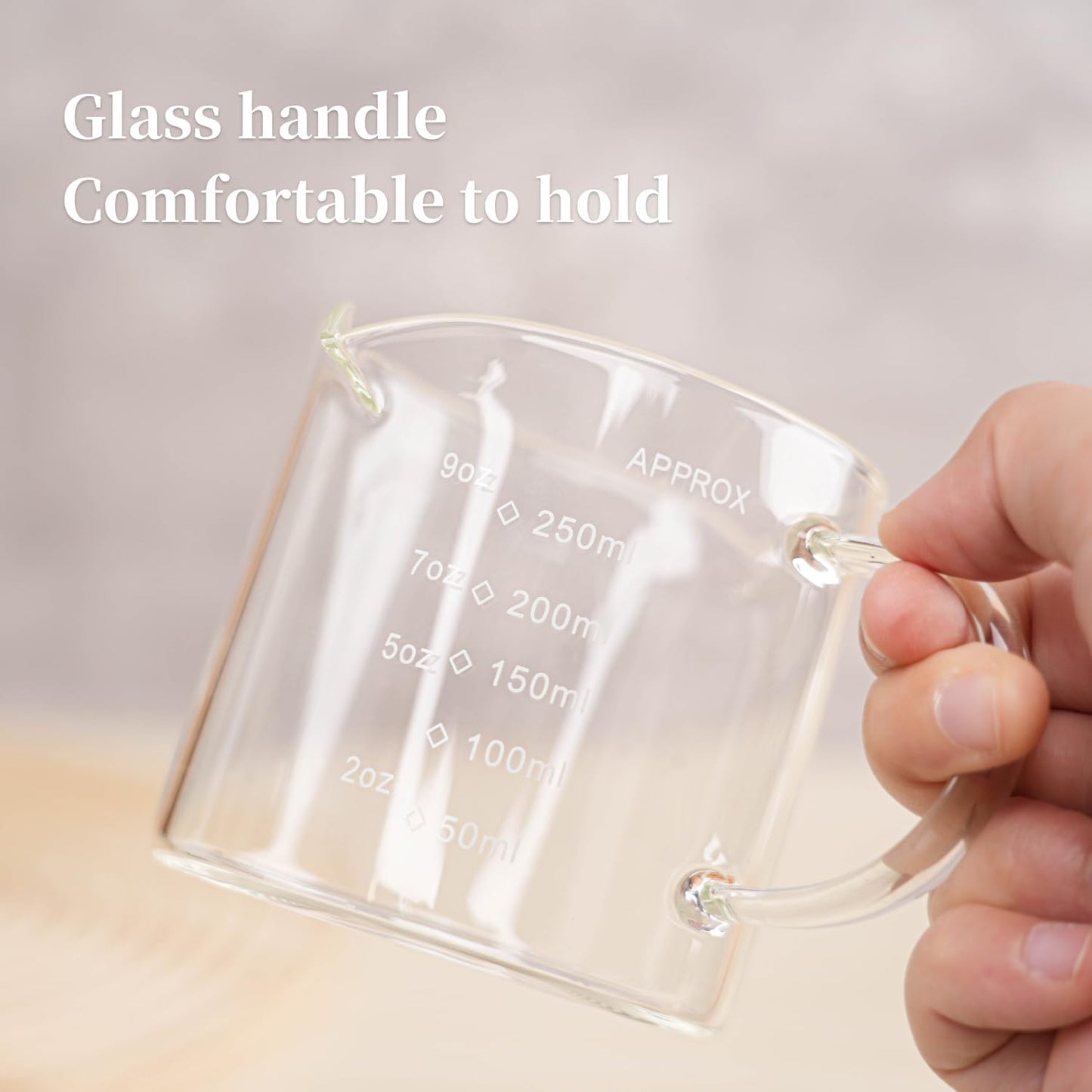 BCnmviku 1 Pack 250ML/8.5OZ Measuring Cup Espresso Shot Glasses Double Spouts Large Coffee Cup with Handle Triple Pitcher Milk Cup Parts Clear Glass