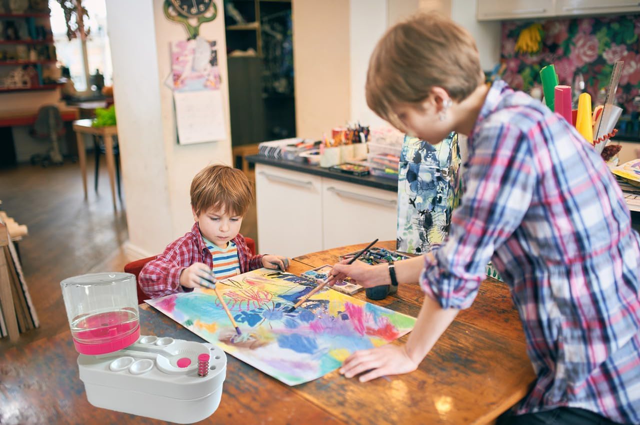 2025 Upgraded Paint Brush Cleaner Tool Brush Rinser, Watercolor/Oil-Based Paintbrush Cleaners, Painting Station Flush My Brush, Gift for Artist Kids Adults and Girls, Pre-Assembled(Pink)