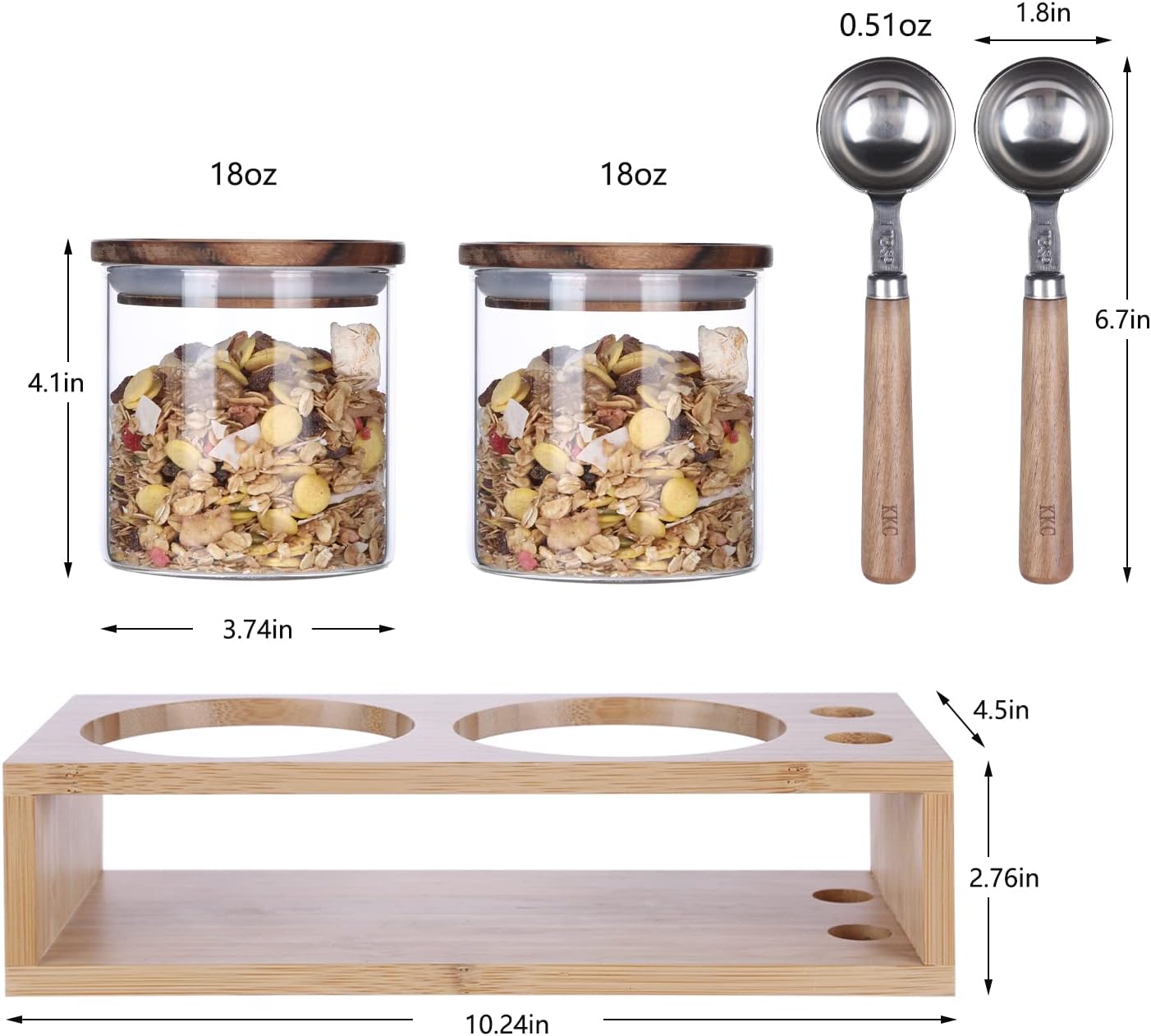 KKC HOME ACCENTS Airtight Borosilicate Glass Food Storage Jars with Wood Lids and Scoop for Coffee,Tea,Sugar,Salt,Wooden Top Glass Sealed Jars,18 Fluid Ounces