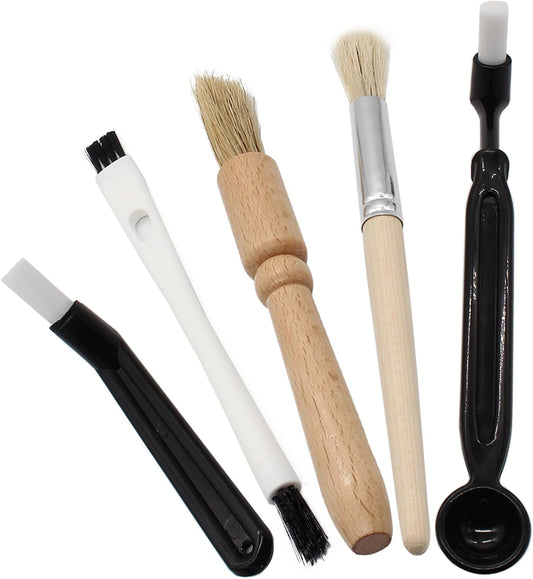 Coffee Grinder Cleaning Brush, Espresso Machine Brush Kit Wood Handle & Natural Bristles Wood Dusting Espresso Brush Set with Spoon for Bean Grain Coffee Tool (Pack of 5)