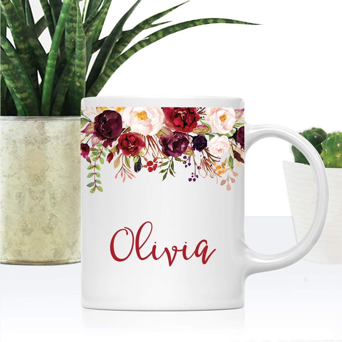 Andaz Press Personalized 11oz. Wedding Ceramic Coffee Tea Mug Bridesmaid Gift, Fall Autumn Marsala Burgundy Flowers Roses Florals, Olivia, 1-Pack, Includes Gift Box, Custom Name