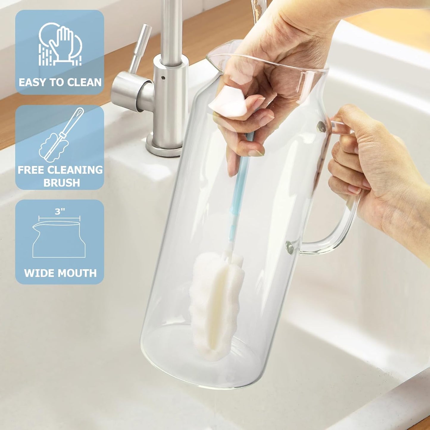 Yirilan Glass Pitcher, 1.8 Liter Water Pitcher with Lid, Beverage Pitchers for Hot, Cold Water, Iced Tea and Juice Drink with Cup Brush