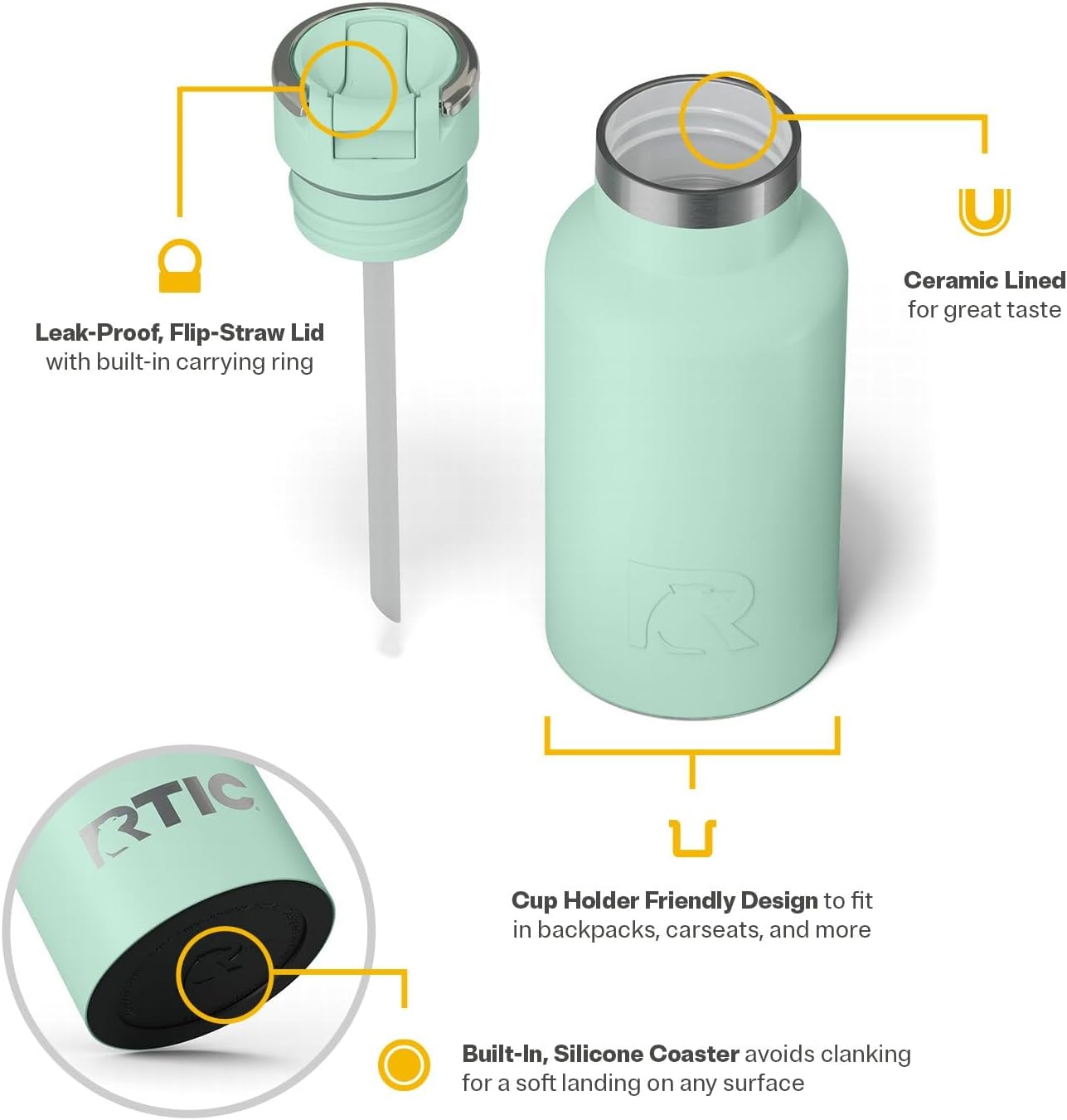 RTIC Little Journey Bottle with Straw, Insulated, Stainless Steel, Metal, Double Wall Vacuum-Insulation, Ceramic-Lined, Leak-Proof Lid, BPA-Free Water Flask for Sports, Travel, Fresh Mint
