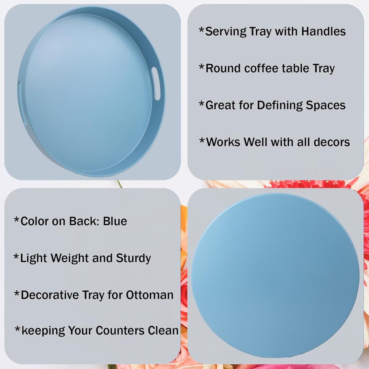 Round Blue Decorative Serving Tray with Handles, 13” Versatile Ottoman Tray for Coffee Table, Entertaining, Outdoor Patio, Living Room