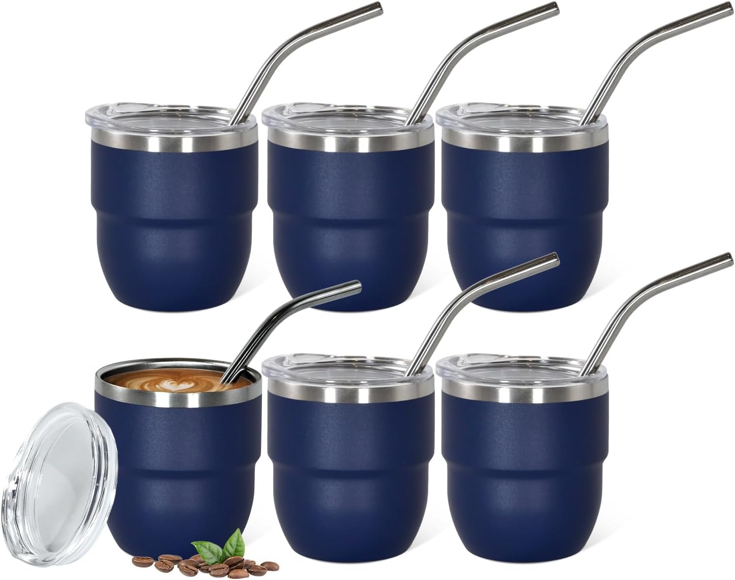 4oz Stackable Cup, Vacuum Insulated Espresso Cup Set of 6, Espresso Shot Cup for Coffee, Double Wall Stainless Steel Mini Tumbler Shot Glasses with Straw and Lid (A-navy6P, 4oz)