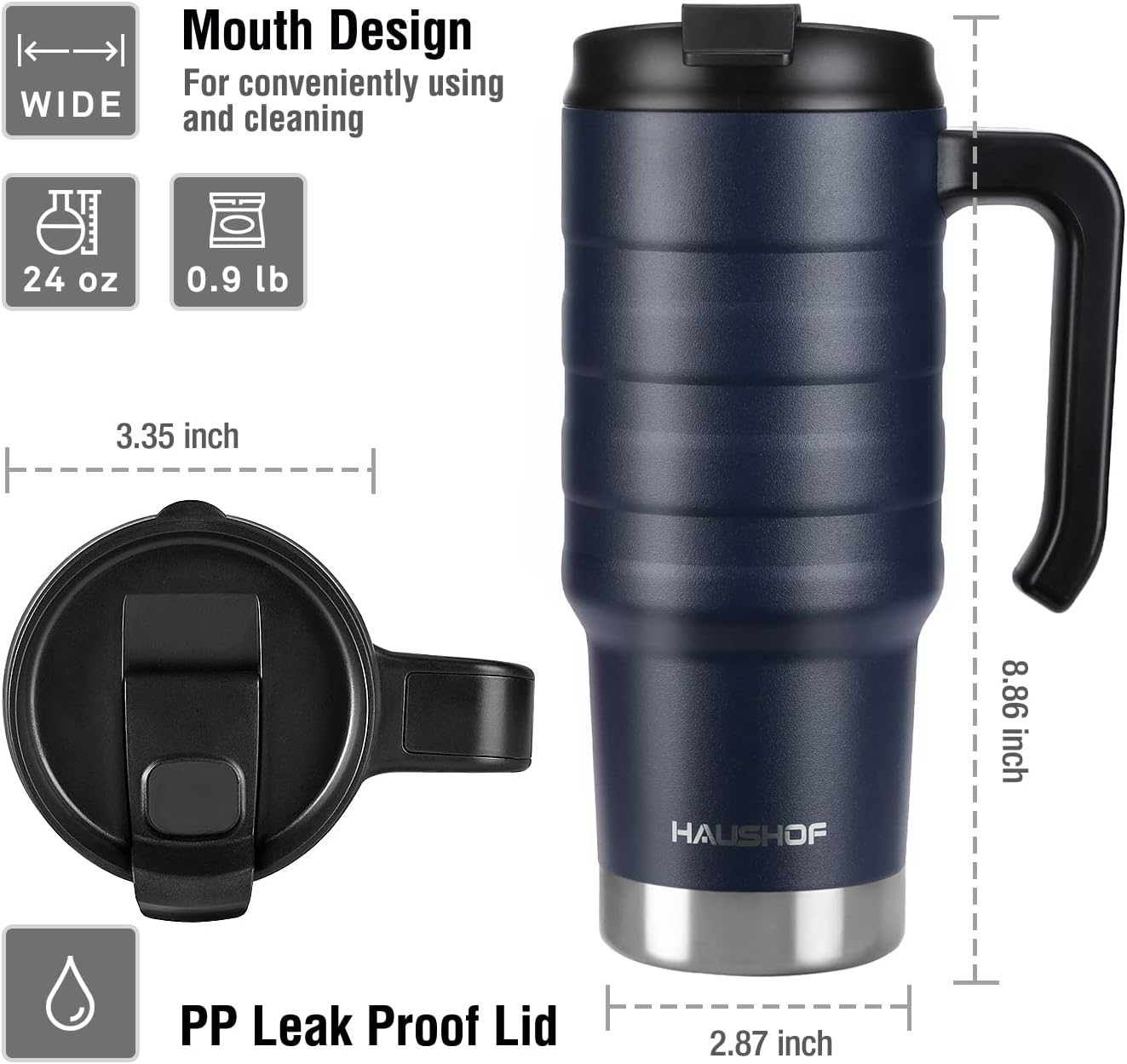 HAUSHOF 24 oz Travel Mug, Stainless Double Wall Vacuum Insulated Tumbler with Handle & Spill Proof Twist On Flip Lid and Wide Mouth, BPA Free (Navy Blue)