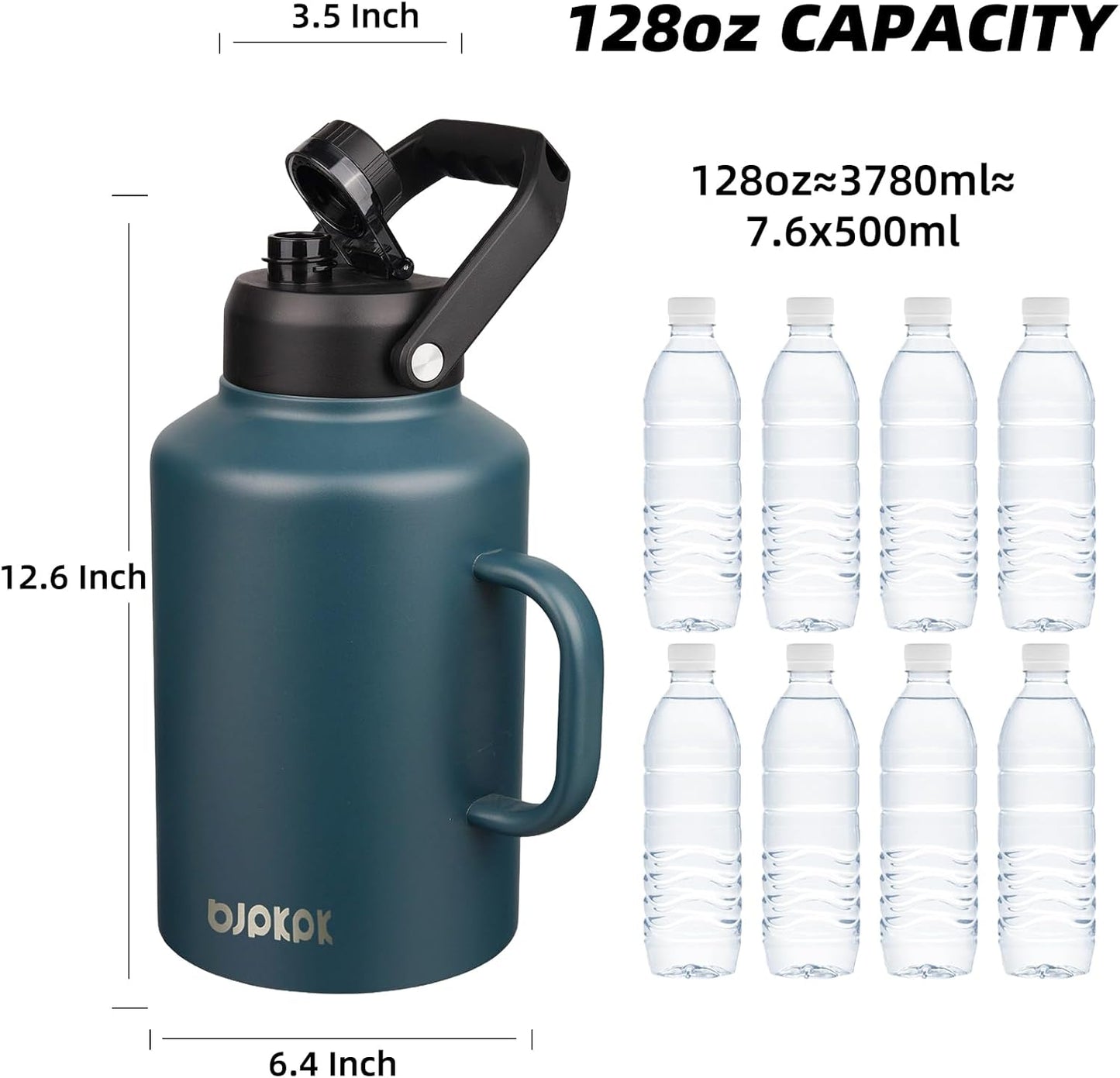 BJPKPK 1 Gallon Water Bottle with Handle, Large Dishwasher Safe 128oz Insulated Water Bottle, BPA Free Water Jug, Wide Mouth Metal Water Bottle with Anti-slip Bottom, Keep Cold & Hot,Navy Blue