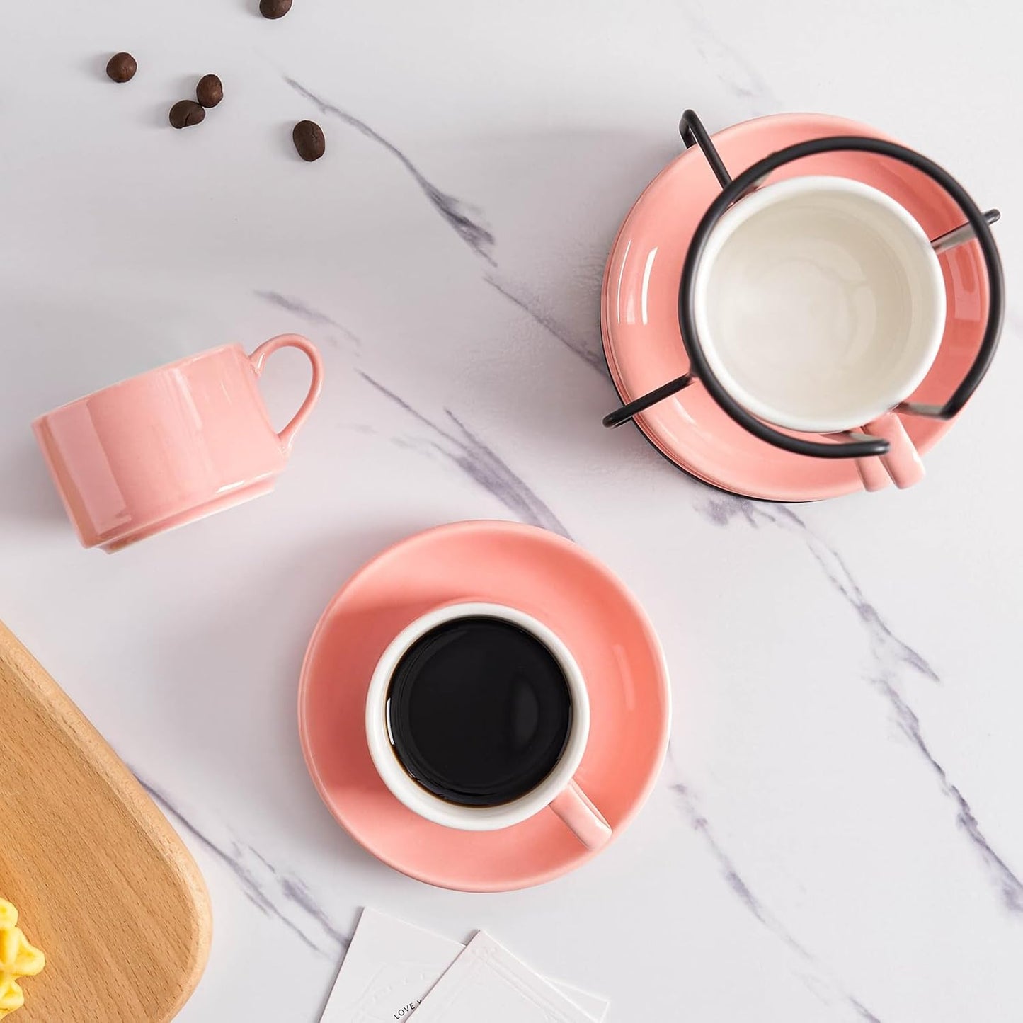 8oz Porcelain Stackable Cappuccino Cups with Saucers and Metal Stand Set of 4, Coffee Cups for Espresso, Specialty Coffee Drinks, Latte, Americano and Tea - Pink