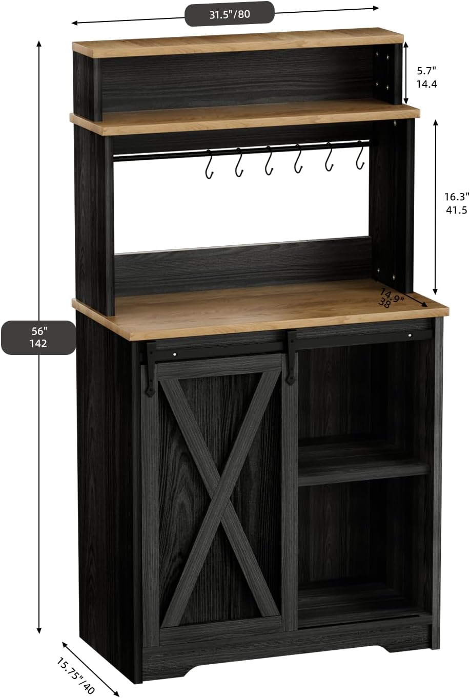 Farmhouse Coffee Bar with 3 Tier Storage Hutch, 56 Inch Small Bar Station with 6 Hooks, Corner Table with Adjustable Shelves for Living Dining Room (Black)