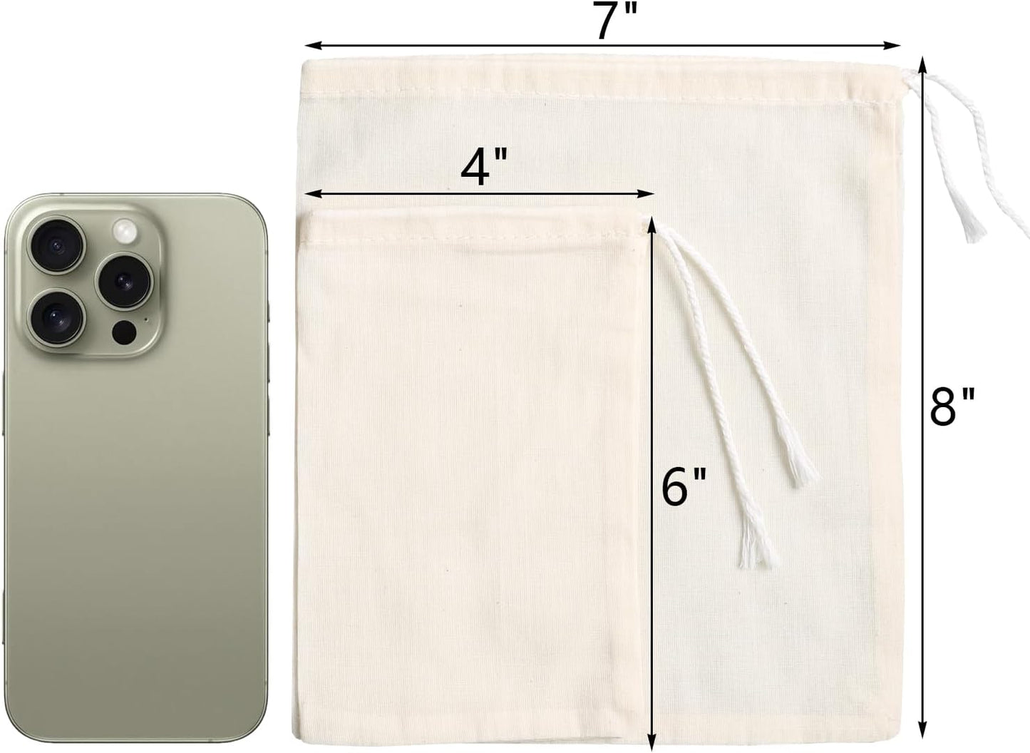 Eketirry Spice Bags, 20pcs Reusable Empty Tea Bags, Muslin Strainer Bags, Soup Bags for Cooking, Natural Cotton Fine Mesh Cheesecloth Bags for Cold Brew Coffee(4 x6" &7 x8")