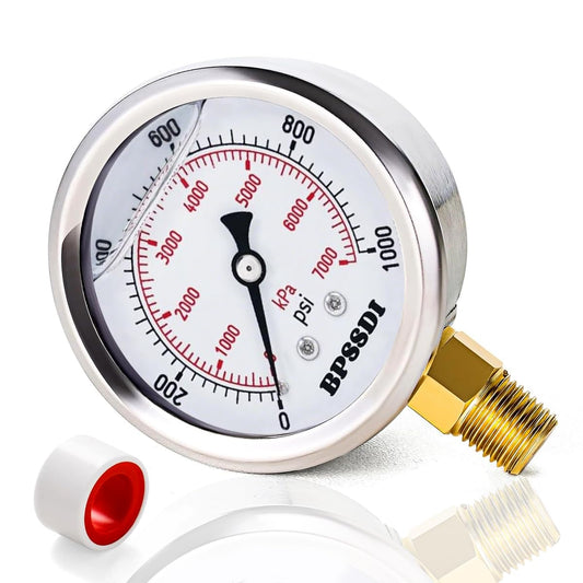 0-1000 Psi Glycerin Liquid Filled Hydraulic Pressure Gauge, 2.5" Dial Size, 1/4" NPT Lower Mount, 304 Stainless Steel Case, for Water Oil Air Gas Pressure Test