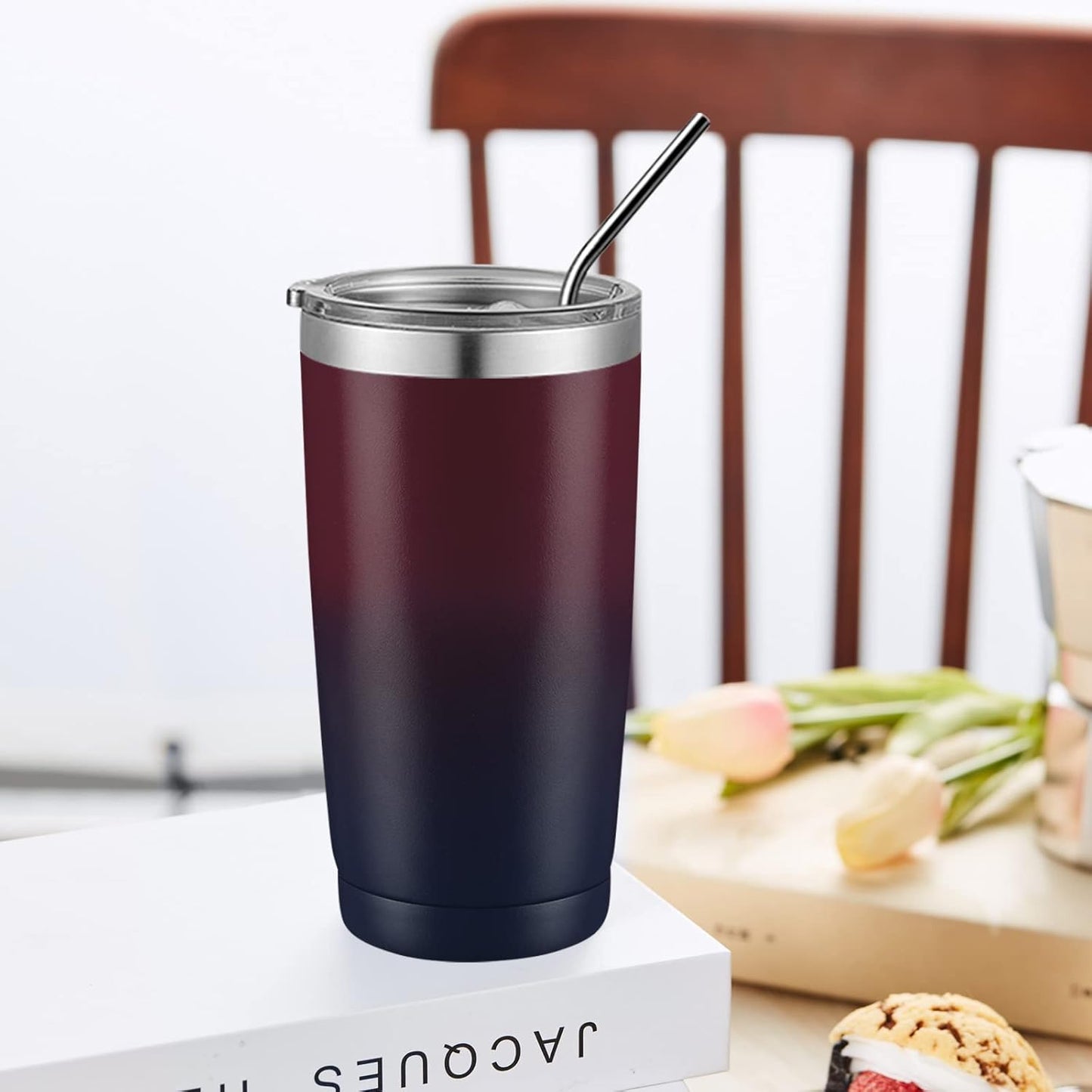 COMOOO 20oz Double Wall Vacuum Insulated Travel Mug, Stainless Steel Tumbler with Lid and Straw Durable Powder Coated Insulated Coffee Cup for Cold & Hot Drinks（Mystery Moon, 1 Pack）