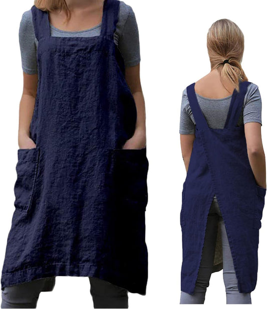 ZQFFB Pinafore Cross Back Apron for Women with Pockets Japanese Smock for Work Gardening Cooking Painting Baking
