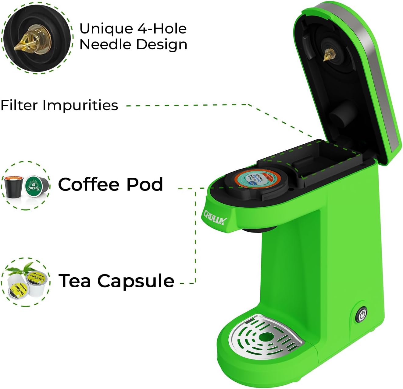 CHULUX Single Serve Coffee Maker, Small Single Cup Coffee Maker for K pod and Ground Coffee, Green