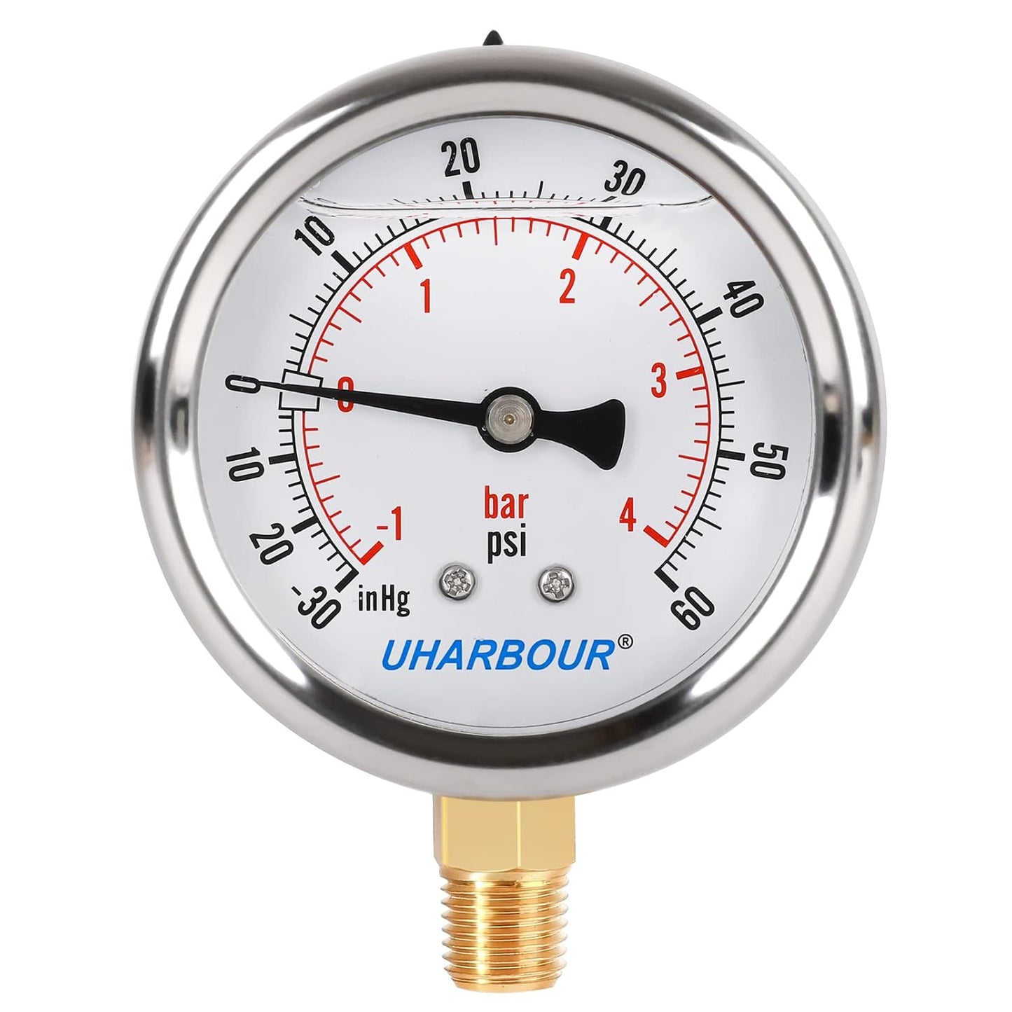 Glycerin Filled Pressure Gauge with 304 Stainless Steel Case, 2.5" Dial Size, 30InHg/60psi, High Accuracy, 1/4" NPT Center Lower Mount…