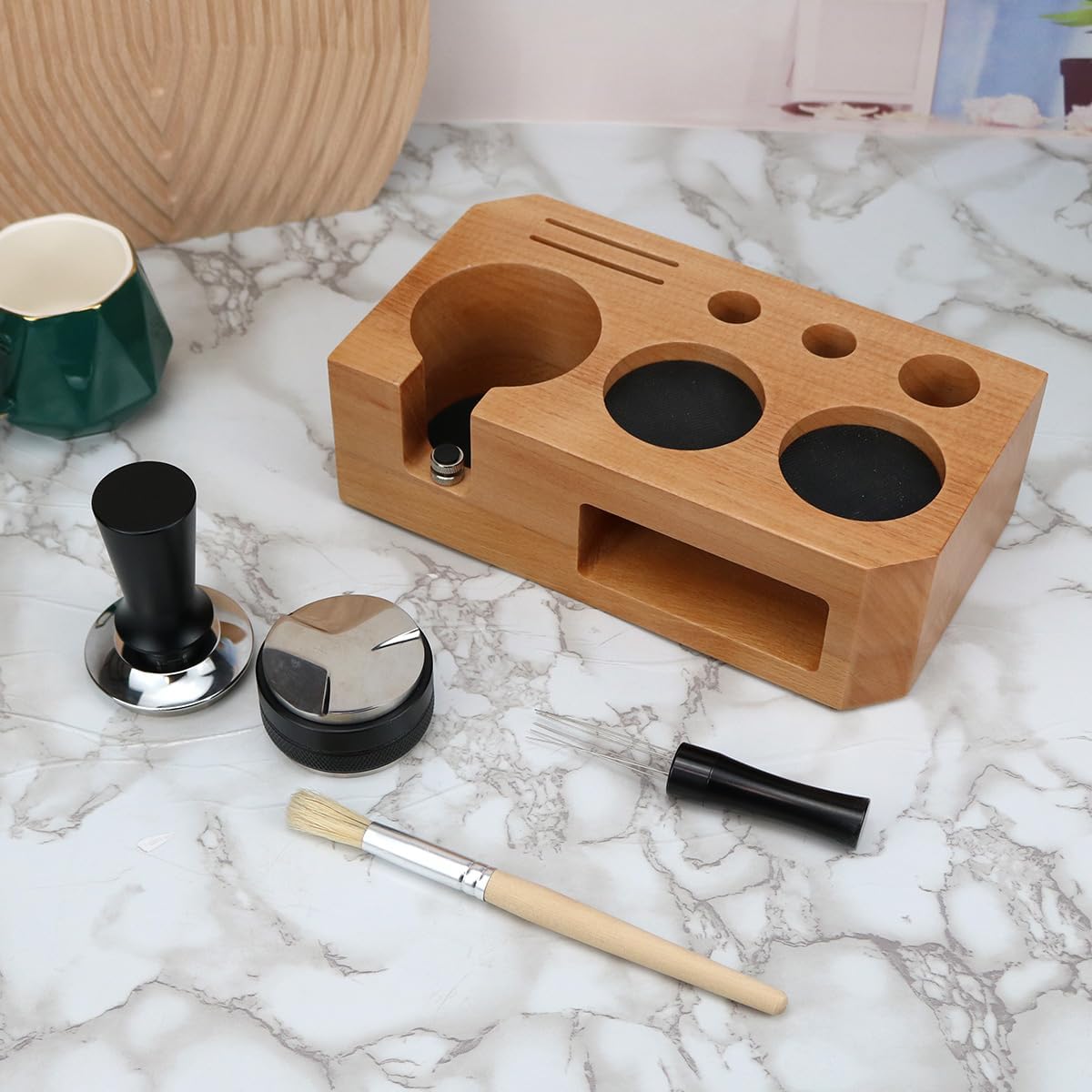 Espresso Tamping Station - Wooden Coffee Tamper Station For Storage 51, 53, 54 mm Portafilter Tamper Distributor - Espresso Organizer - Knock Box Accessories