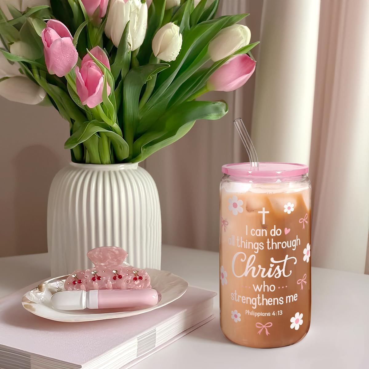 SANDJEST Christian Glass Can Tumbler 16oz, Inspirational Glass Cup with Lid & Straw, Iced Coffee Aesthetic Cups for Women Girls, Gifts Idea for Christmas Birthday