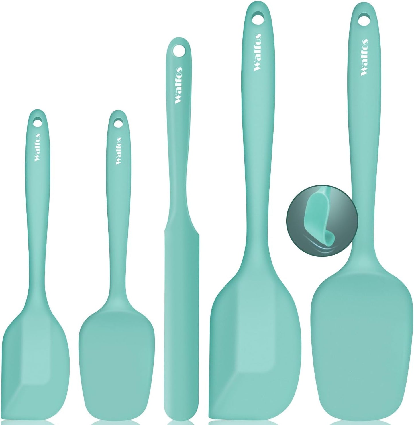Walfos Silicone Spatula - 600°F High Heat Resistant Kitchen Spoon Spatulas（set of 5), Strong Steel Core and One-Pieces Design, For Cooking Mixing & Baking - BPA Free and Dishwasher Safe (Teal/Aqua)