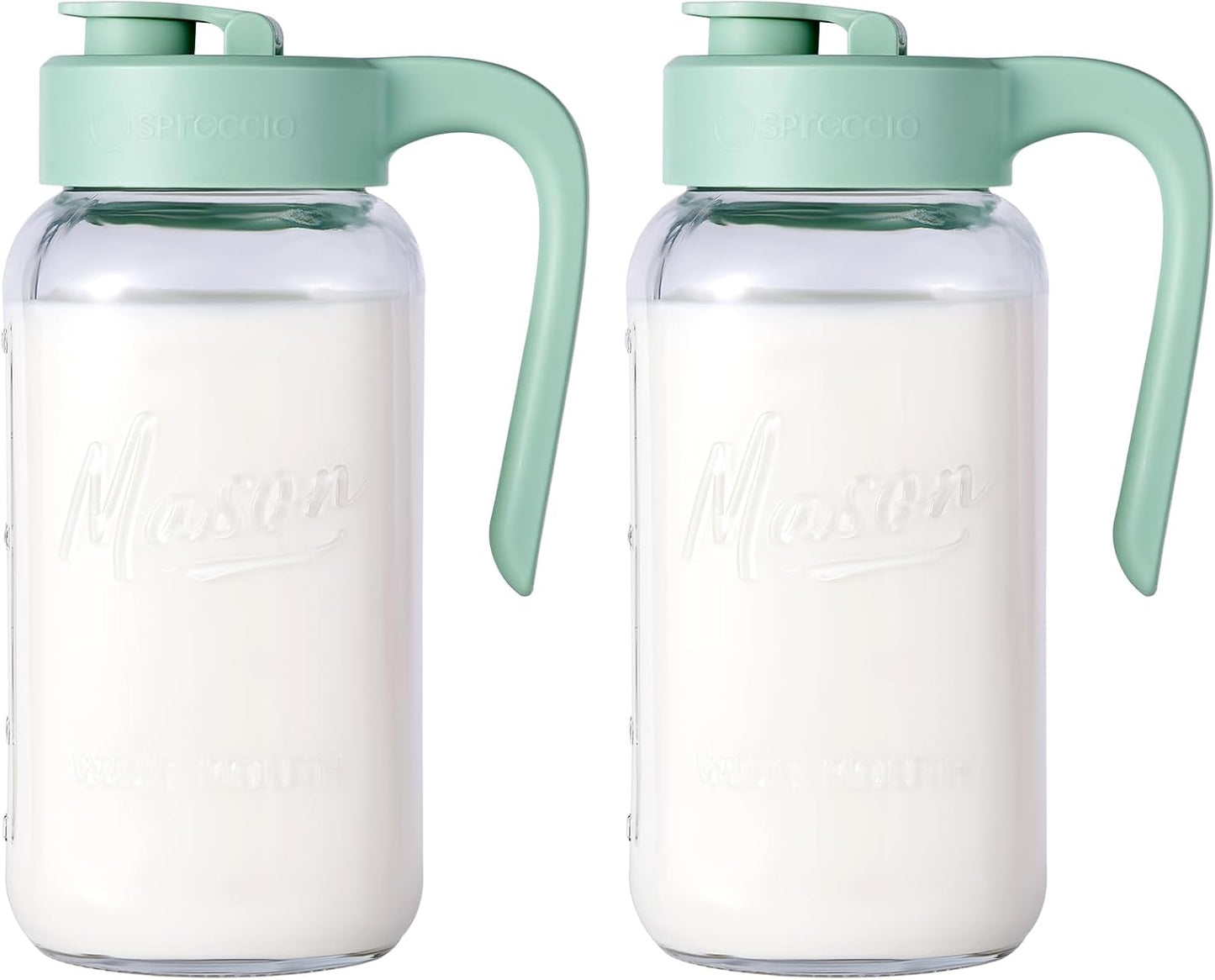 Mason Jar Pitcher - Airtight & Leakproof Glass Pitcher with Lid[set of 2], Perfect for Breastmilk, Cold Brew, and Sun Tea, 2 Quart (64 oz) Mason Jar with Pour Spout Lid