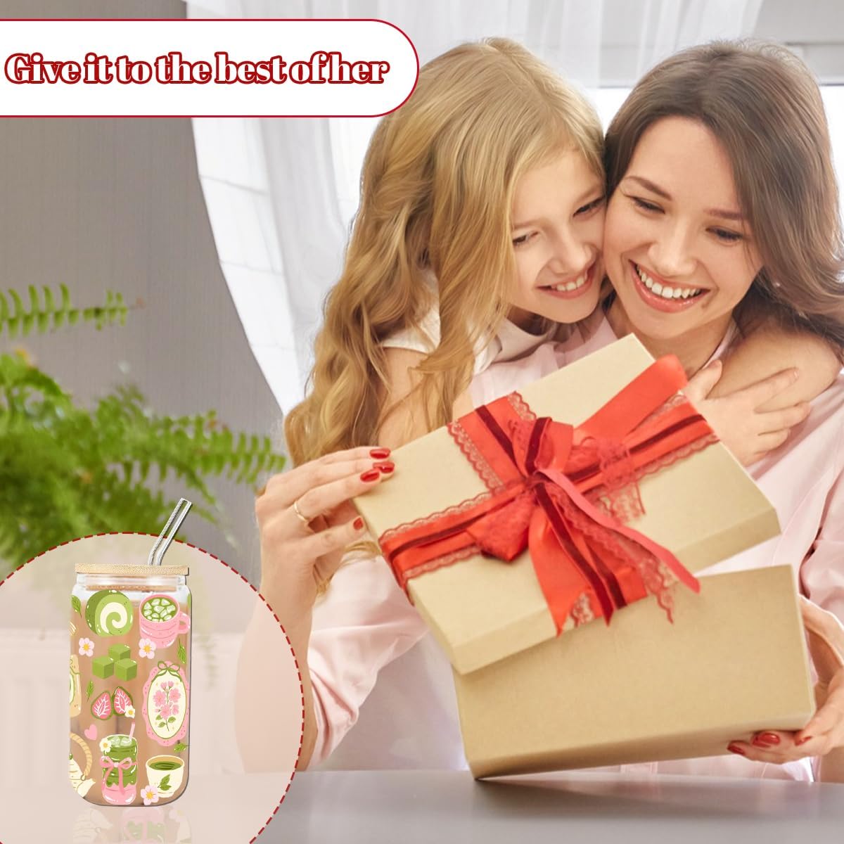 Matcha Girly Glass Cup, Matcha Lovers Gift, Kawaii Latte Girly Glass Tumbler, 16 oz Cafe Aesthetic Iced Coffee Cup with Lid Straw