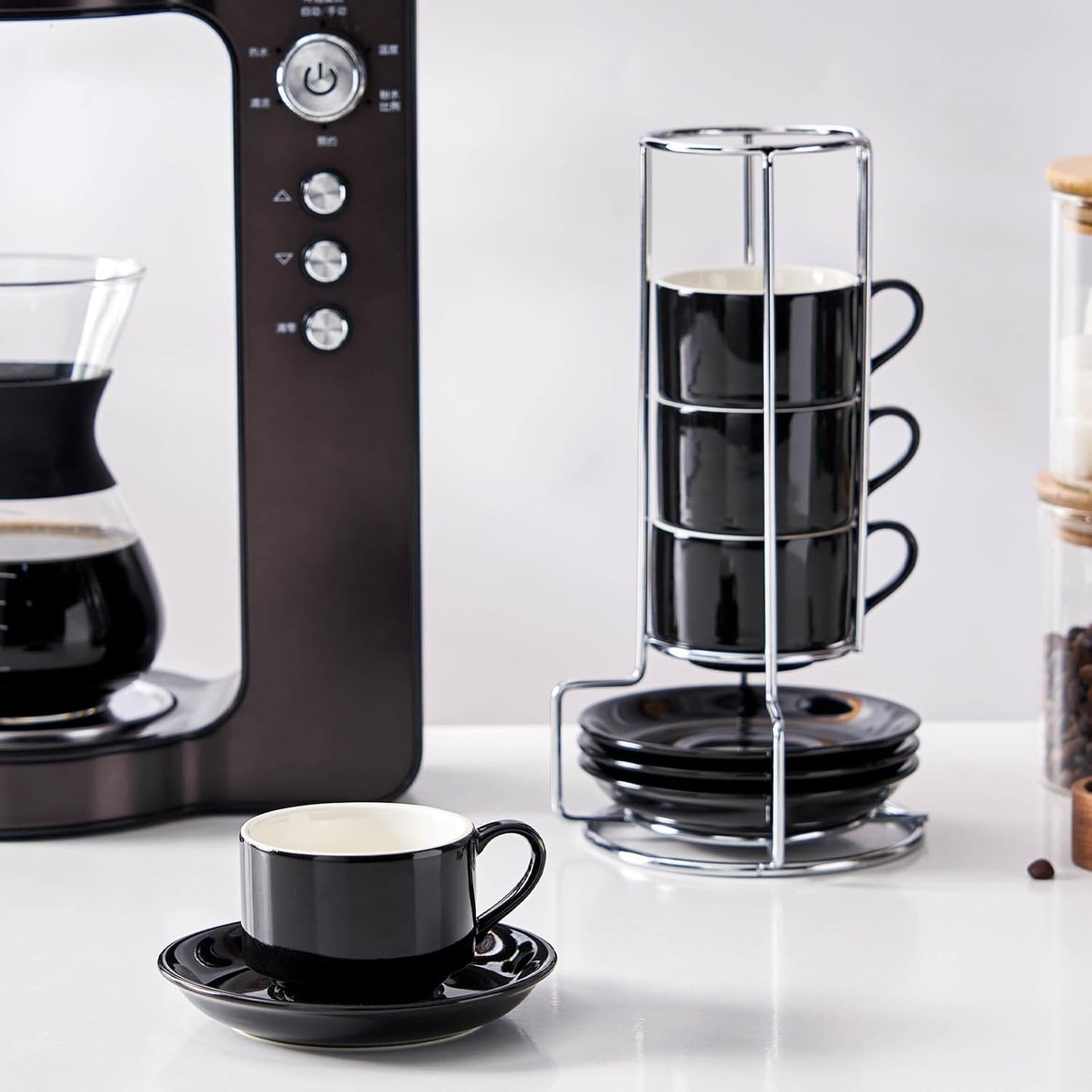 2.5 Ounce Porcelain Espresso Cups with Saucers and Silver Stand, Black Stackable Cups Set of 4