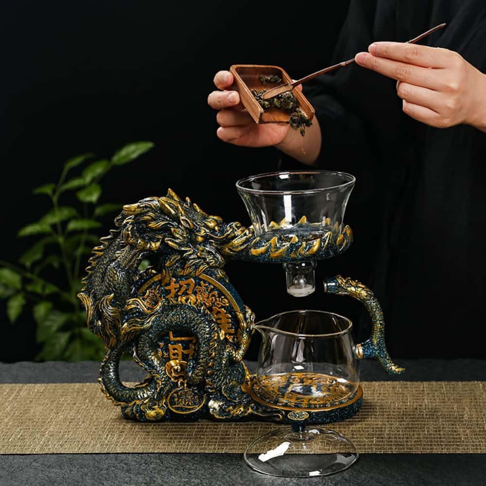 Glass Teapot Set with Infuser Semi Automatic Dragon Tea Set with 6 Small Cups (golden dragon-b)