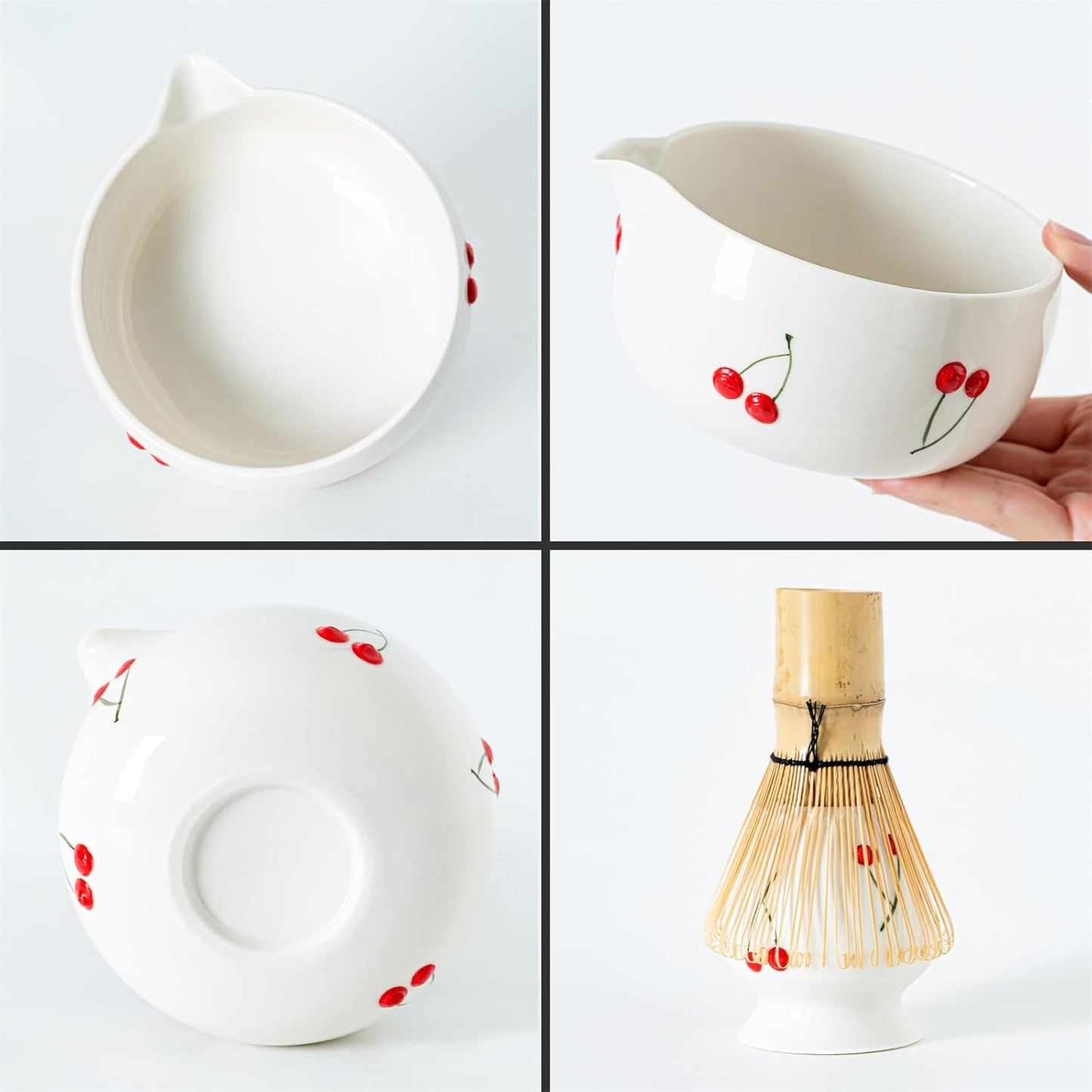 Red Cherries Matcha Whisk Set with Matcha Bowl, Bamboo Whisk, Scoop, and Whisk Holder, Hand-Painted Cute Matcha Set for Matcha Lovers & Tea Ceremony