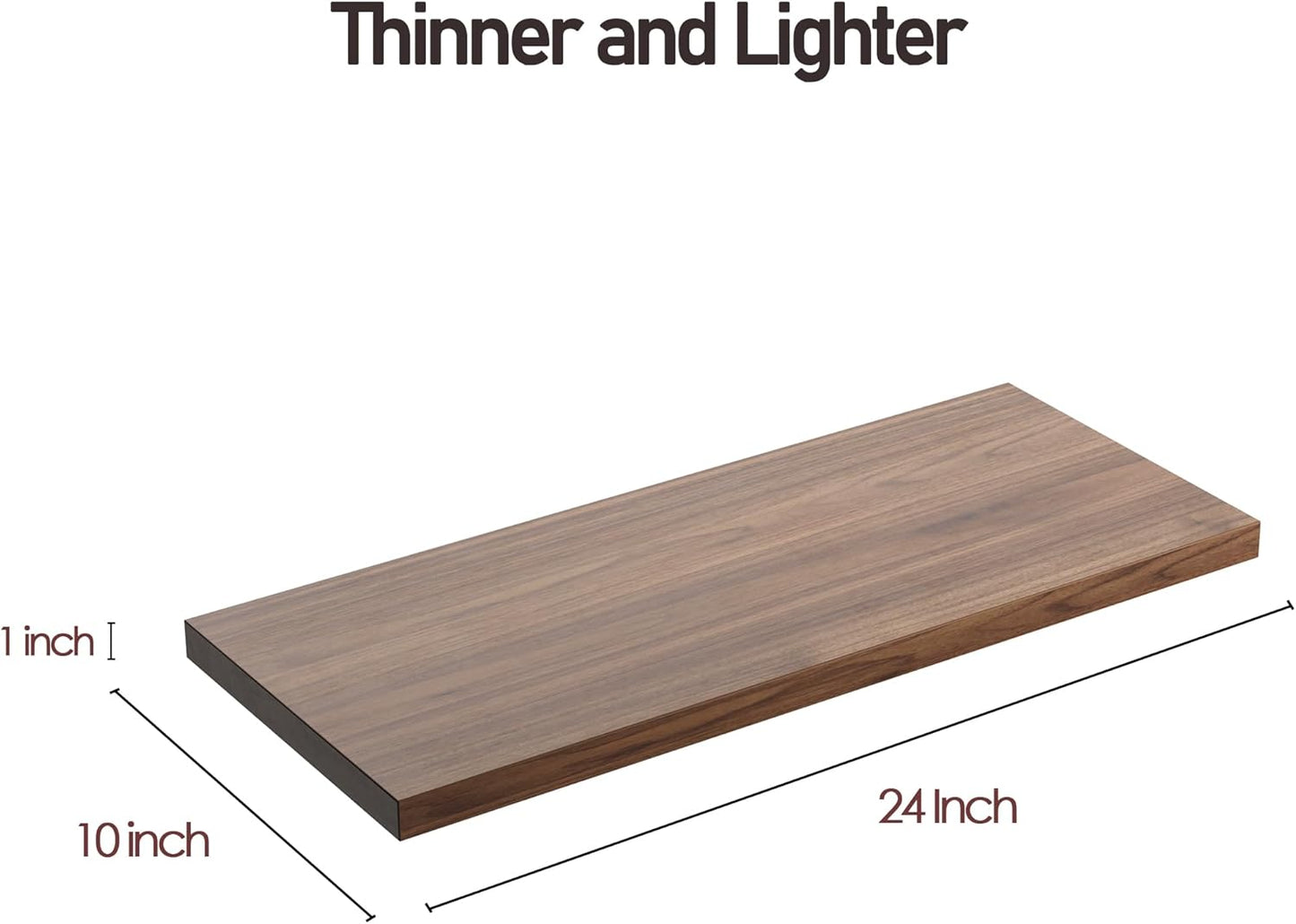 Wall Shelf Set of 3, Walnut Floating Shelves 24 in W x 10 in D x 1 in H, Wooden Floating Wall Shelf with Invisible Brackets for Living Room/Bedroom/Bathroom/Kitchen Storage and Decor