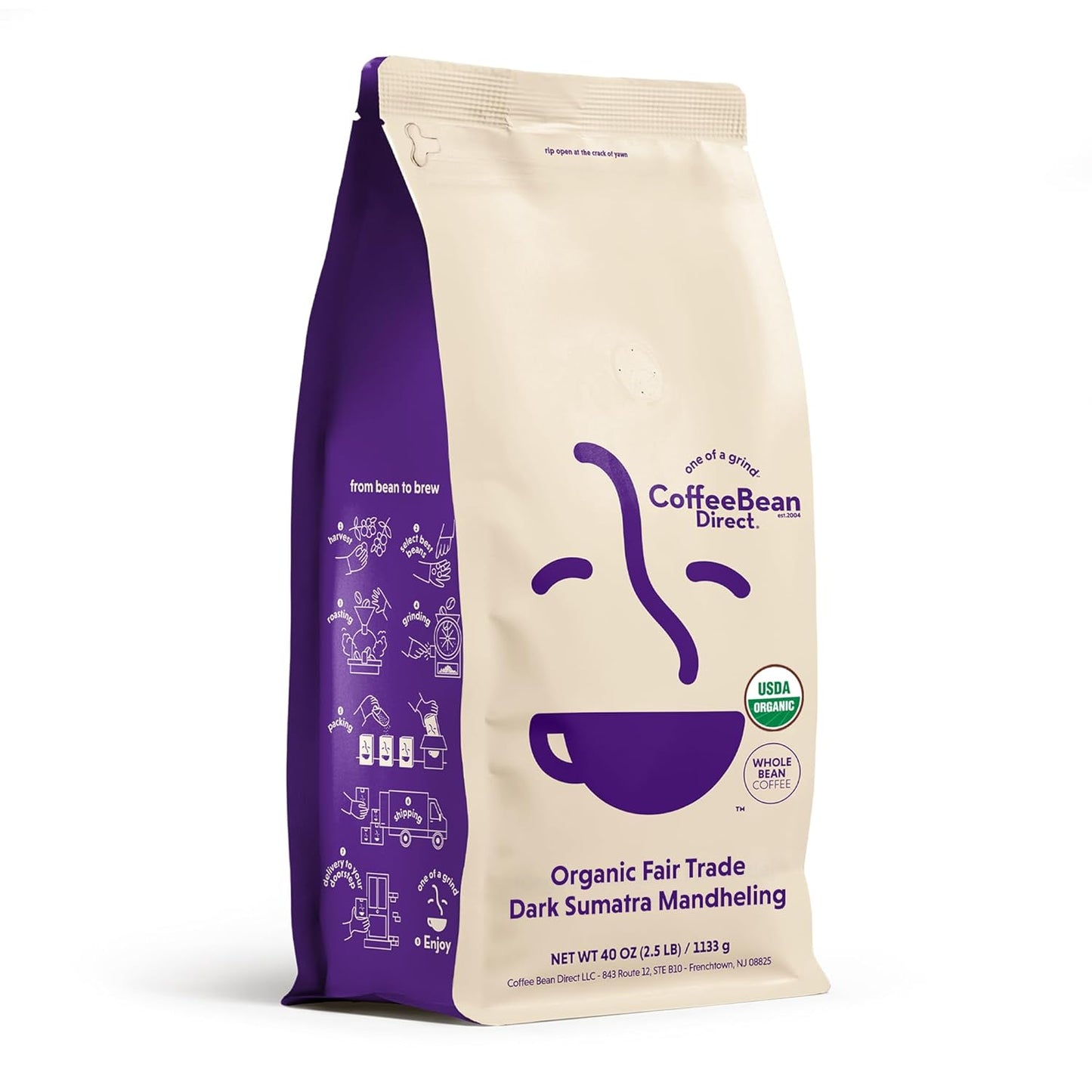 Coffee Bean Direct Organic Fair Trade Dark Sumatra Mandheling, Whole Bean Coffee, Dark Roast, 2.5 Pound Bag (Pack of 1)