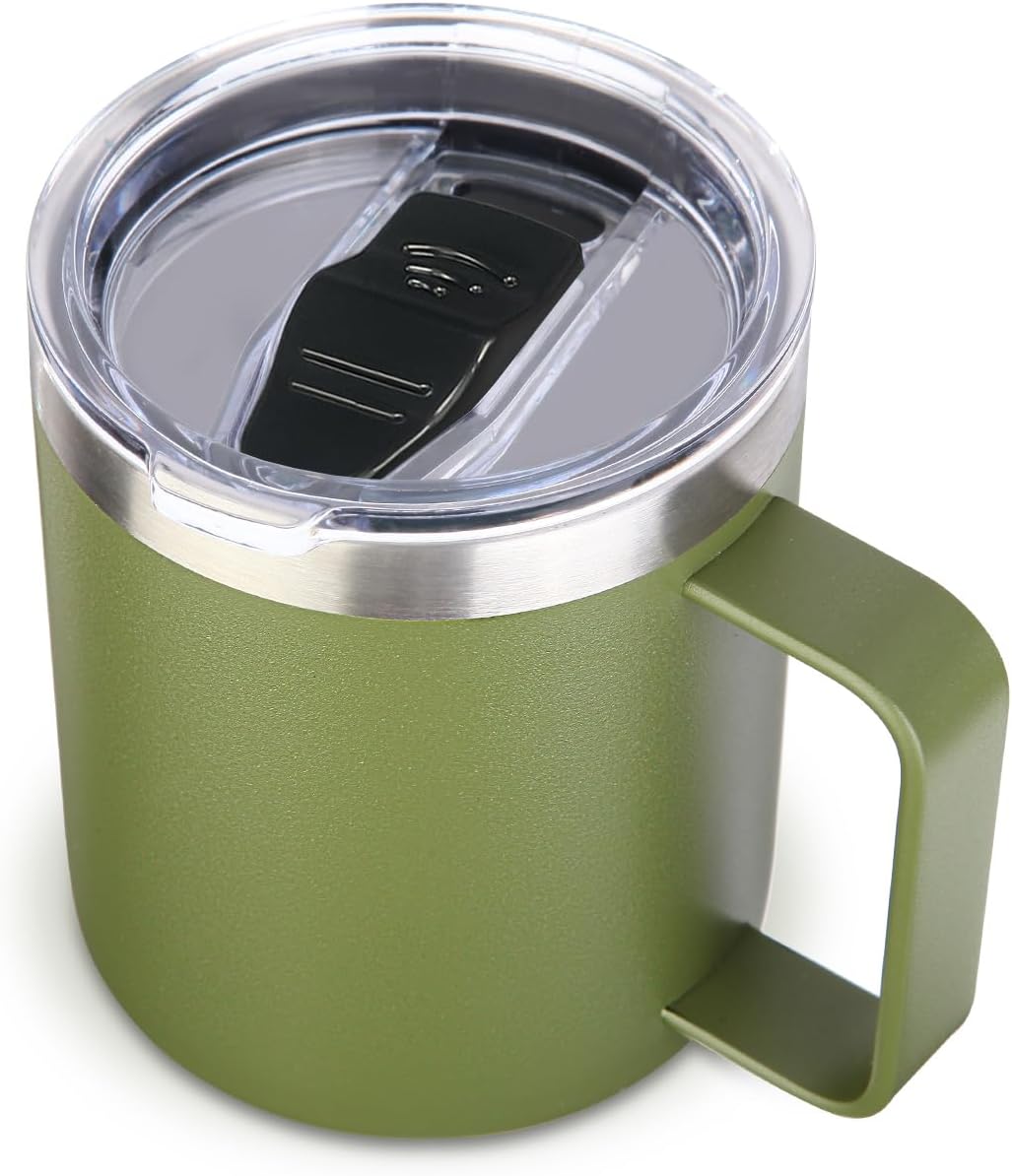Volhoply 14oz Insulated Stainless Steel Coffee Mug with Leakproof Lid,Double Wall Vacuum Travel Coffee Cup with Handle,Reusable Cups Tumbler,Camping Mugs Keep Hot,Ideal Gifts(Army Green,1)