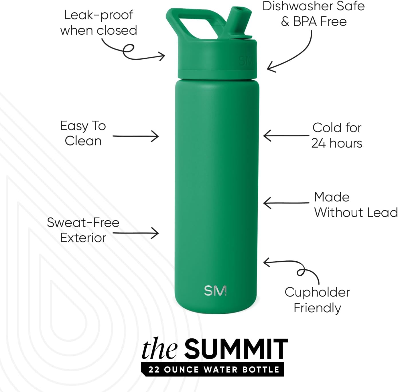Simple Modern Water Bottle with Straw Lid | Vacuum Insulated Stainless Steel Metal | Reusable Leak Proof BPA-Free Cup for School | Summit Collection | 22oz, Kelly Green
