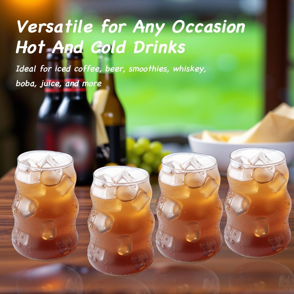 2 Pcs Ribbed Glass Cups, 18oz Vintage Ripple Drinking Glasses Glassware for Iced Coffee, Juice, Milk, Cocktails, Water, Cold Beverages