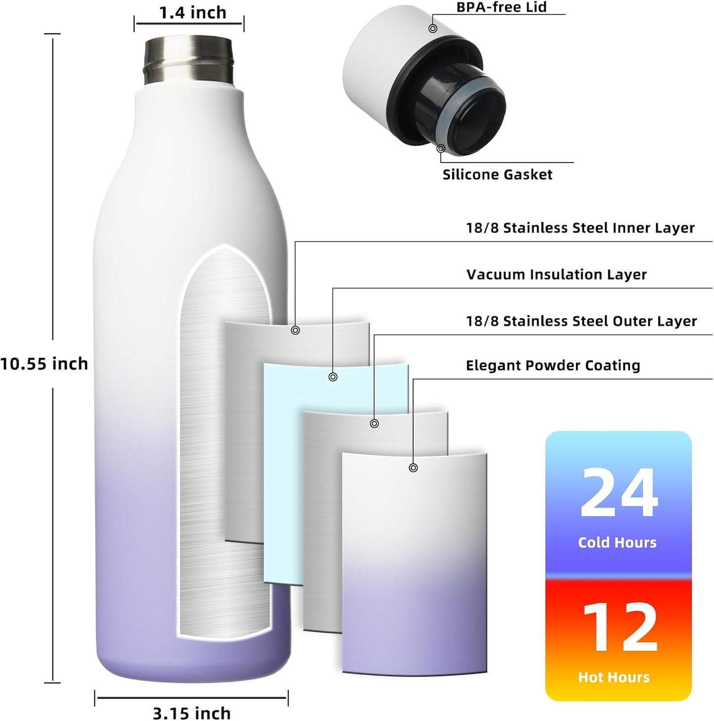 BJPKPK Insulated Water Bottles, 25 oz Stainless Steel Metal Water Bottle with Strap, BPA Free Leak Proof Thermos, Mugs, Flasks, Reusable Water Bottle for Sports & Travel, Lilac Elegance