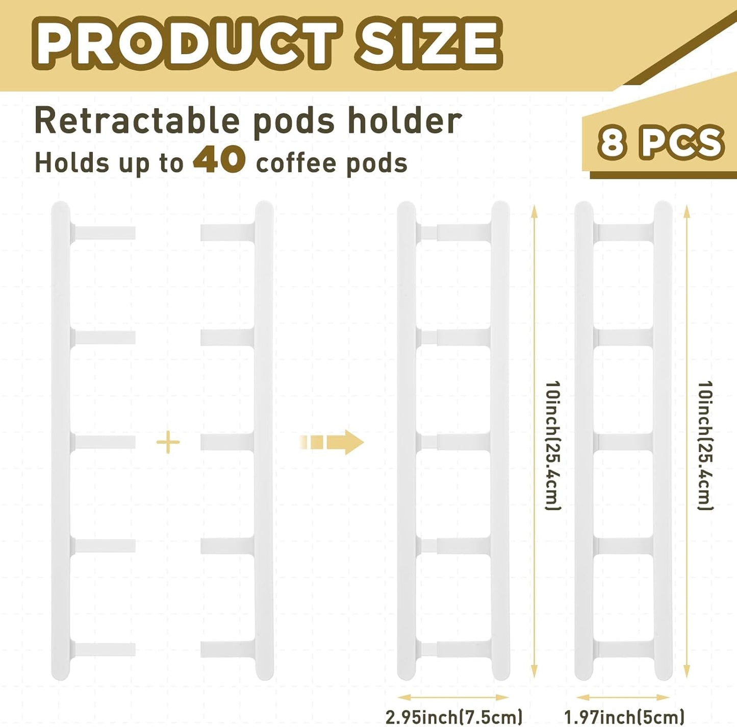 8 Pack Adhesive Coffee Pod Holder, 2 Different Size Holds 20 Capsules, Wall or Cabinet Mounted Coffee Capsule Rack with Adhesive Strips, Vertical or Horizontal Mount