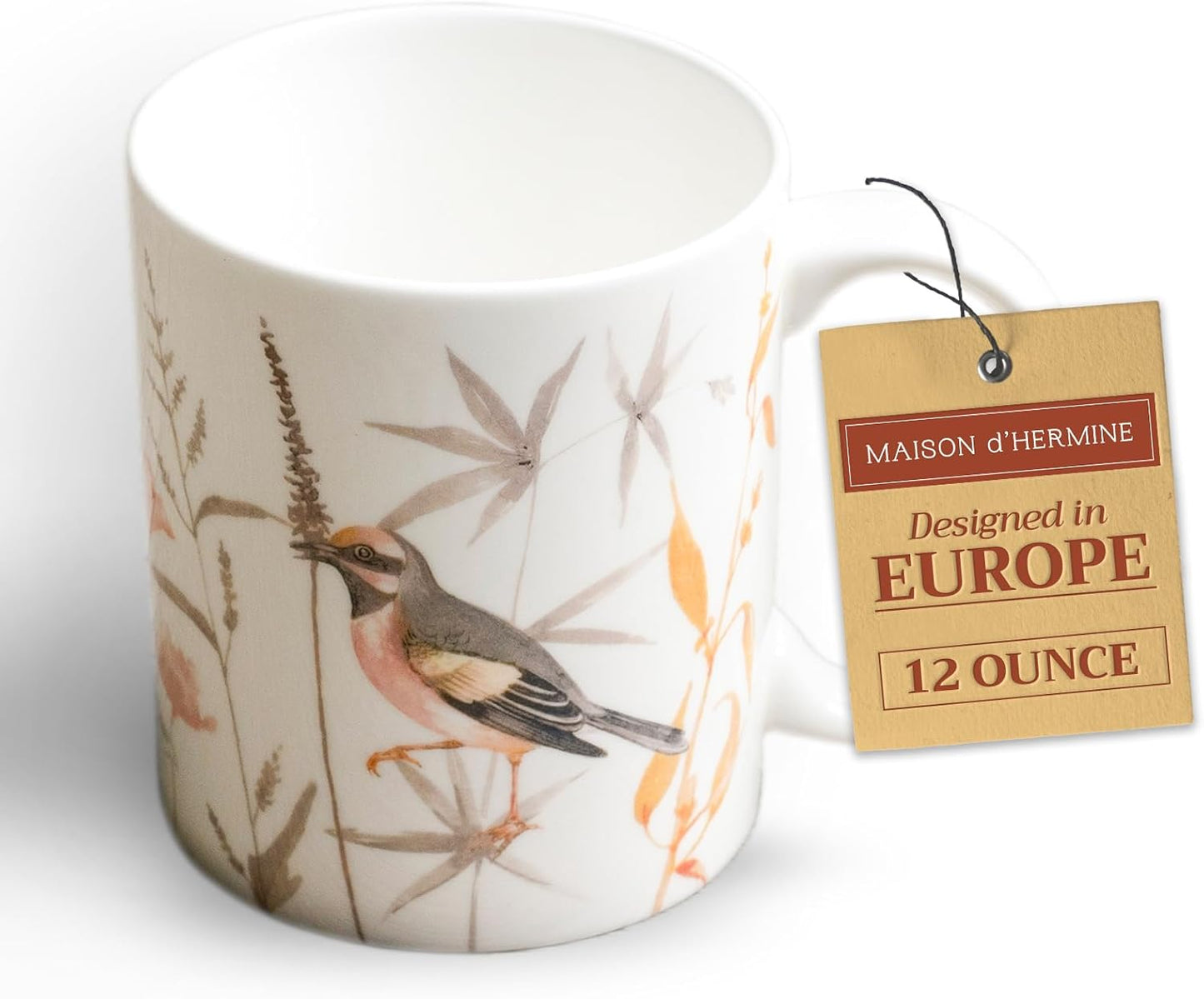 Maison d' Hermine Coffee Mug with Handles Fine Bone China Mugs Pack of One Tea Cups for Hot Beverages Cappuccino Latte Home Office Perfect for Gift (Meadow Florals Beige - Meadow Sunrise, 12 Ounce)