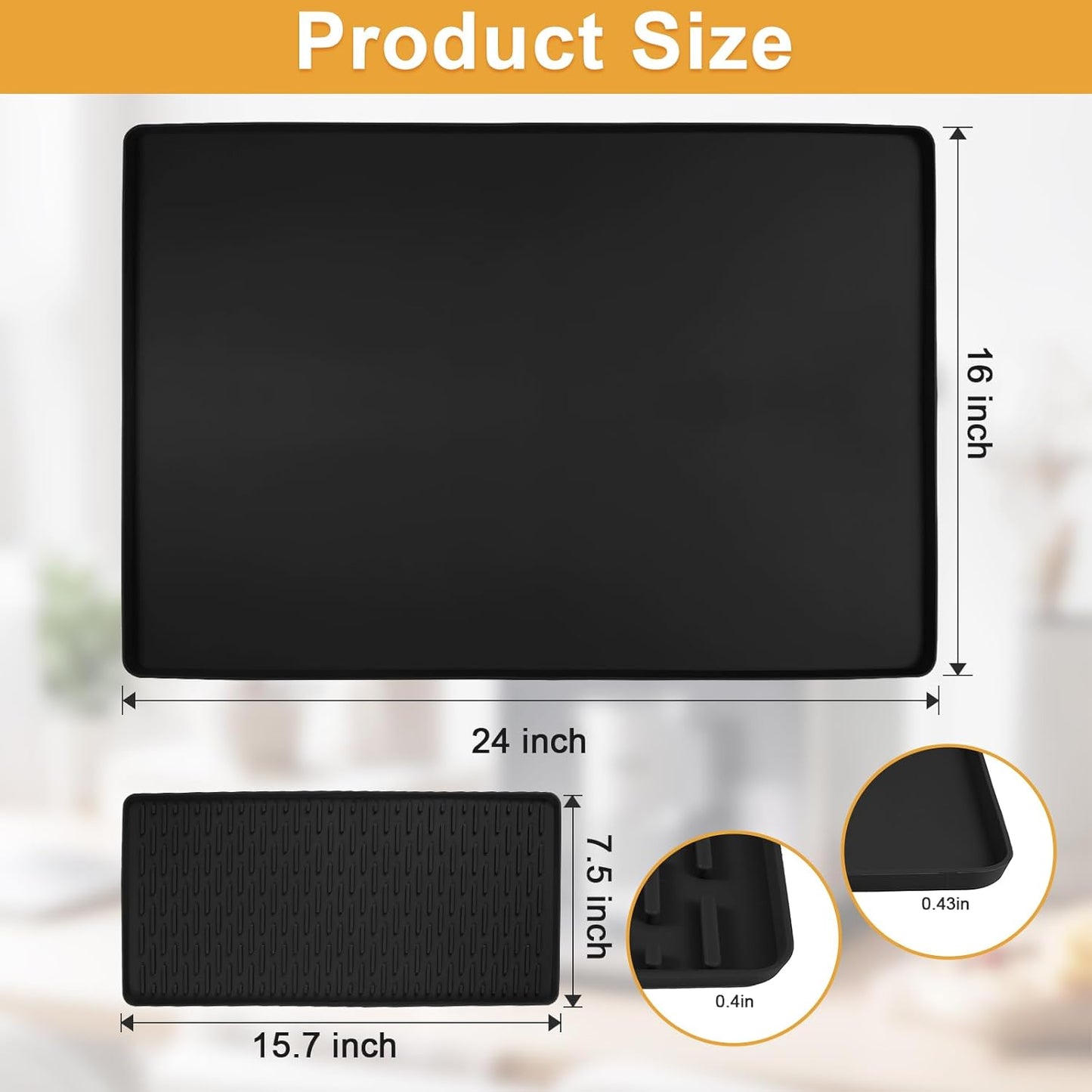 Silicone Coffee mat 24''x16'' – Non-Slip Bar Mat with Detachable Drying Layer for Espresso Machines, Countertops & Dish Racks-Black