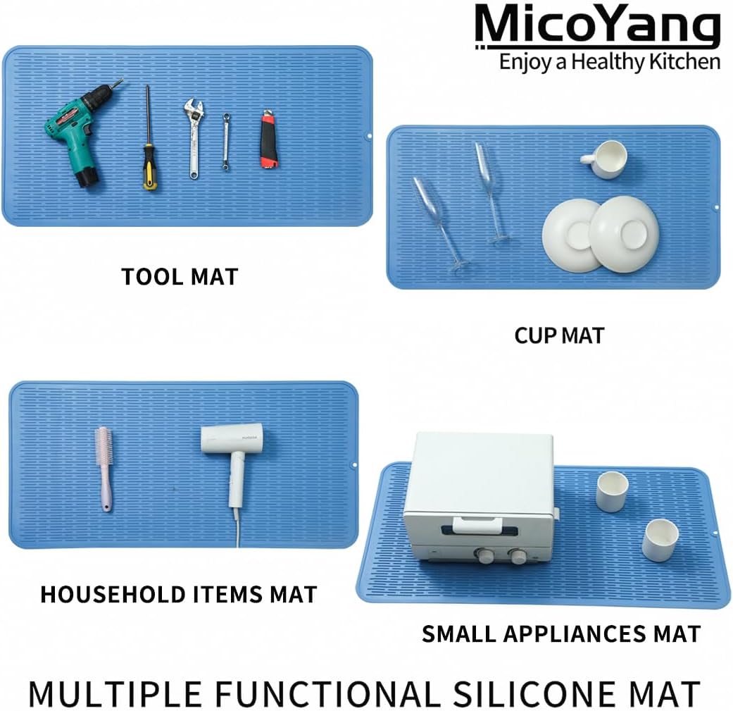 Silicone Dish Drying Mat for Multiple Usage,Easy clean,Eco-friendly,Heat-resistant Silicone Mat for Kitchen Counter or Sink,Refrigerator or Drawer Liner Lichen BlueL 5XL 36inches x 18inches