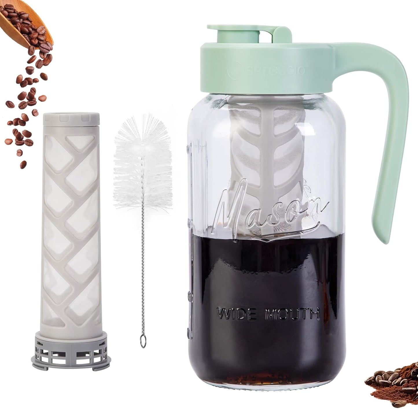 Cold Brew Coffee Maker Glass, Airtight & Leakproof Mason Jar Pitcher with Cold Brew Filter, 64 oz Glass Pitcher with Lid for Iced Coffee, Lemonade, Ice Tea