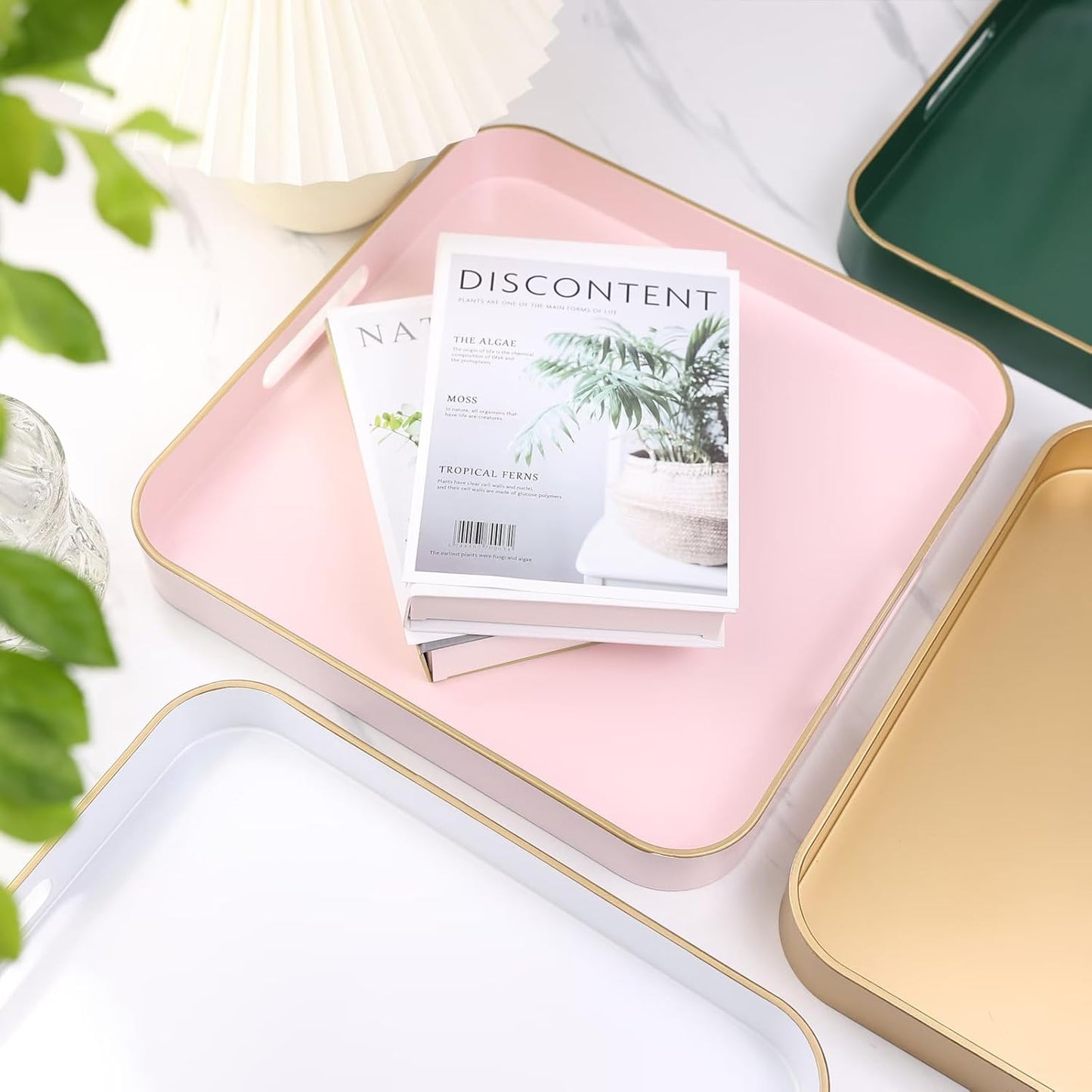 Pink Square Decorative Tray with Handles, 13"*13" Versatile Serving Tray for Coffee Table, Ottoman, Ideal for Serving, Displaying, Organizing