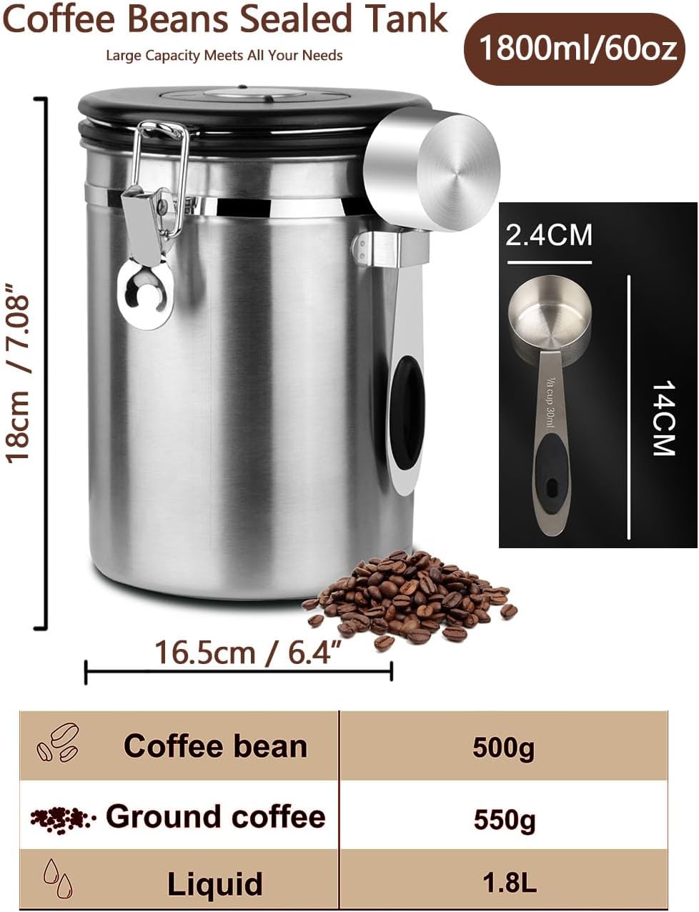 Coffee Canister Airtight Storage Container 1.8L Stainless Steel Air Tight Coffee Jar with Scoop, Date Tracker CO2 Release Valve for Dry Food, Beans, Ground, Tea, Flour, Cereal and Sugar (Silver)