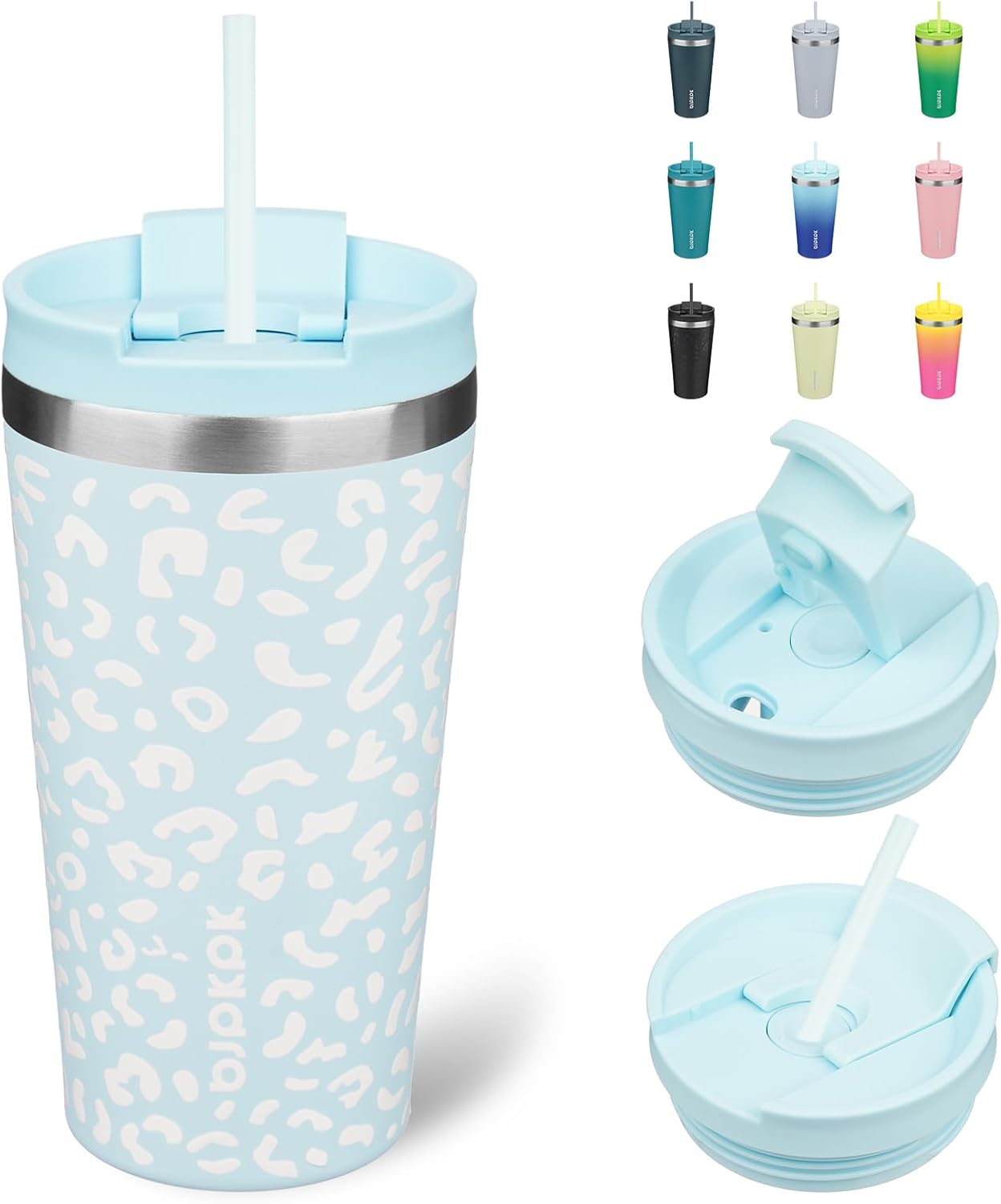 BJPKPK 18oz Tumbler With lid And Straw Stainless Steel Travel Coffee Mug Insulated Tumblers Cups,Light Blue Leopard
