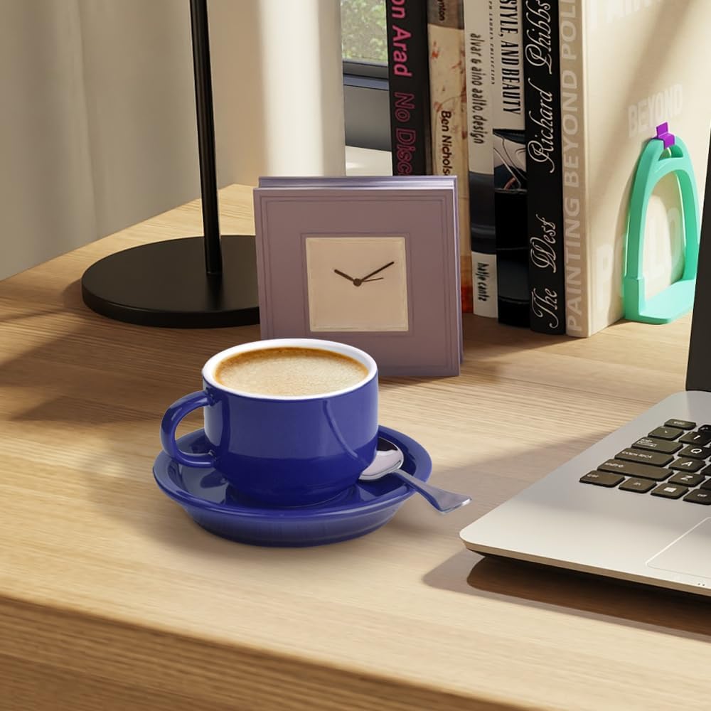 homEdge Premium Espresso Shot Cups and Saucers Set with Espresso Stainless Steel Spoons - 2.5 oz, Set of 4, Navy