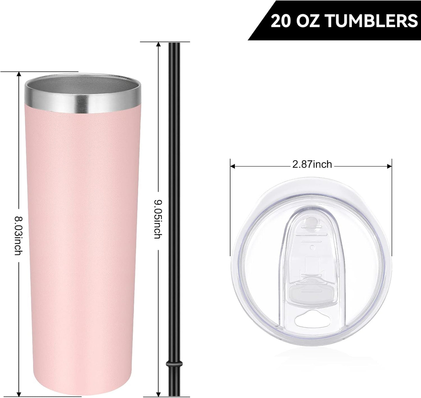 VEGOND Stainless Steel Tumblers Bulk 12 Pack, 20 oz Vacuum Insulated Skinny Tumblers with Lid and Straw, Double Wall Coffee Mug, Travel Water Cup, Light Pink