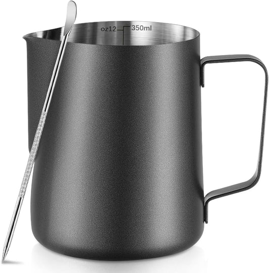 Frothing Milk Pitcher, 12 oz/350 ml Stainless Steel Frothing Milk Jug with Latte Art Pen,with Internal Measurements, for Cappuccino, Espresso and More